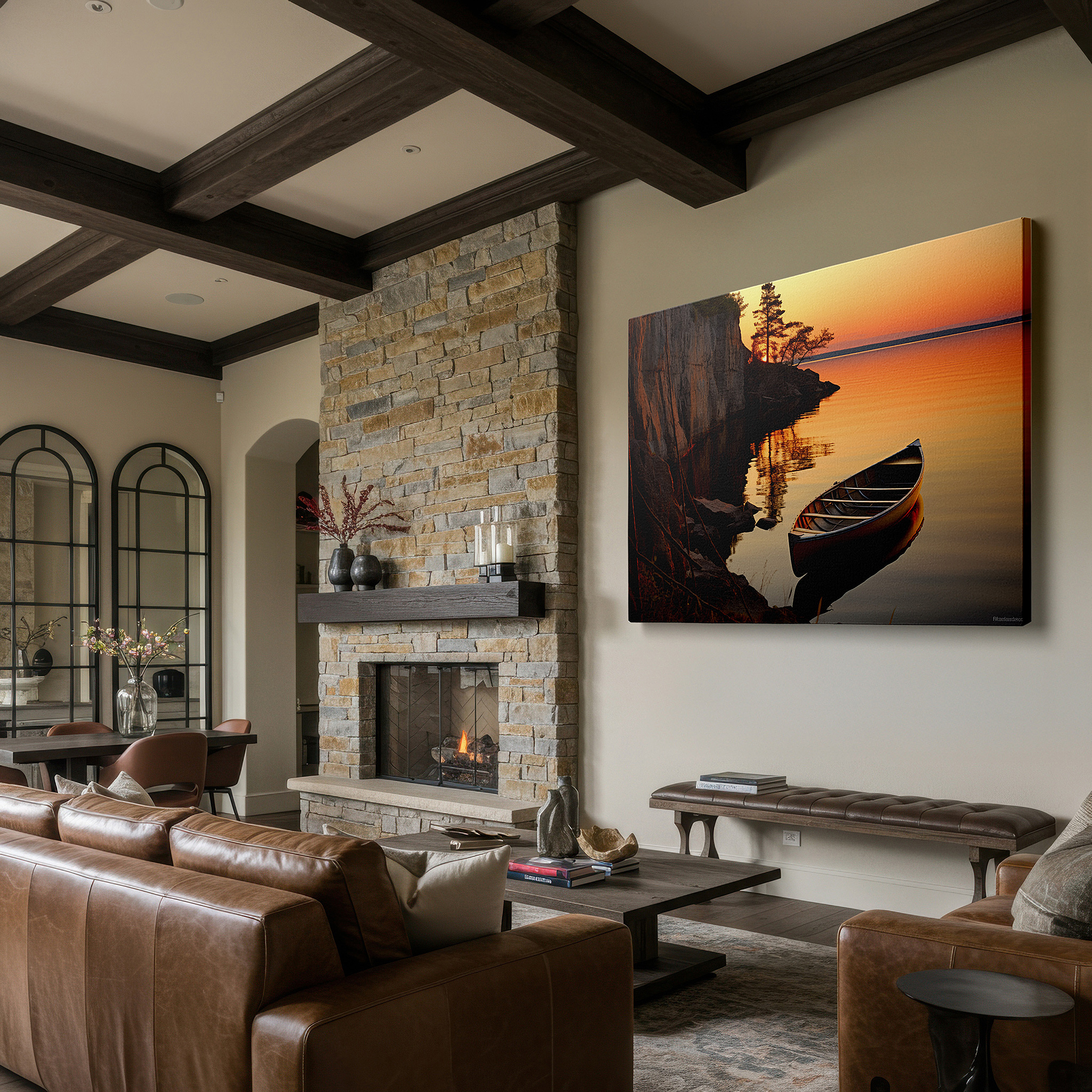 The 75×50 cm version anchors medium rooms without dominating them — serene sunset and tranquil lake with canoe canvas print, vivid nature reflection large wall decor for office
