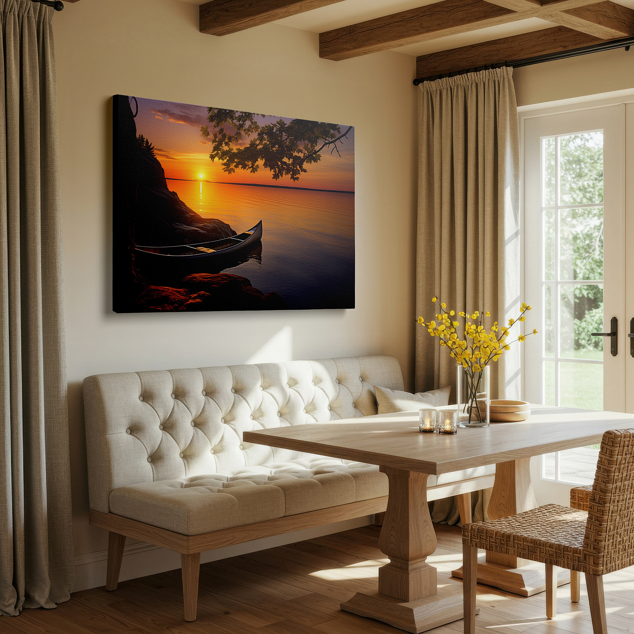 The 75×50 cm version anchors medium rooms without dominating them — serene sunset over tranquil lake with canoe and rocky shoreline - large canvas wall art for office, bedroom, and living room decor