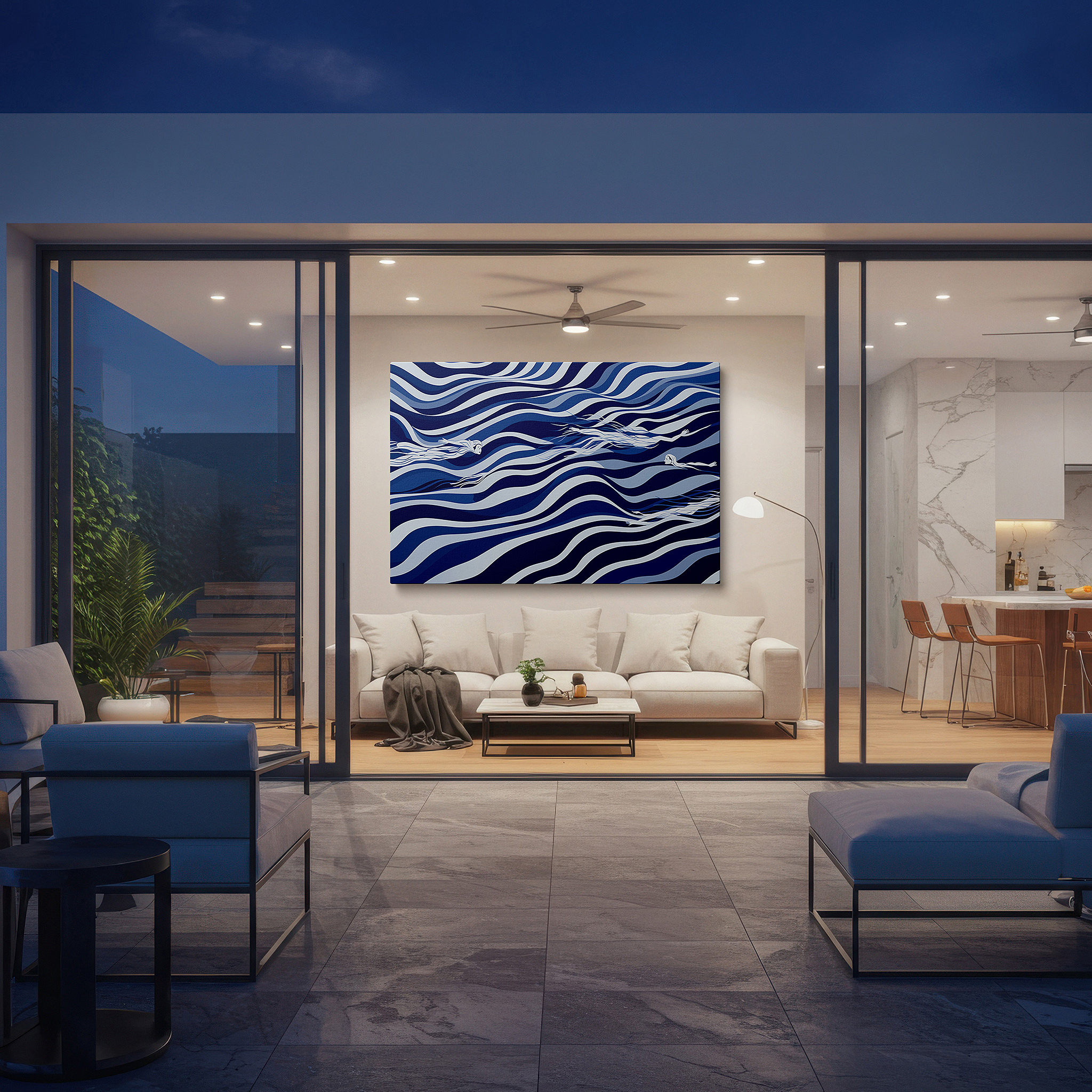The 75×50 cm version anchors medium rooms without dominating them — serene swimmers in blue waves: a tranquil abstract depicting movement and freedom - large wall art, canvas wall art, wall decor for office and bedroom