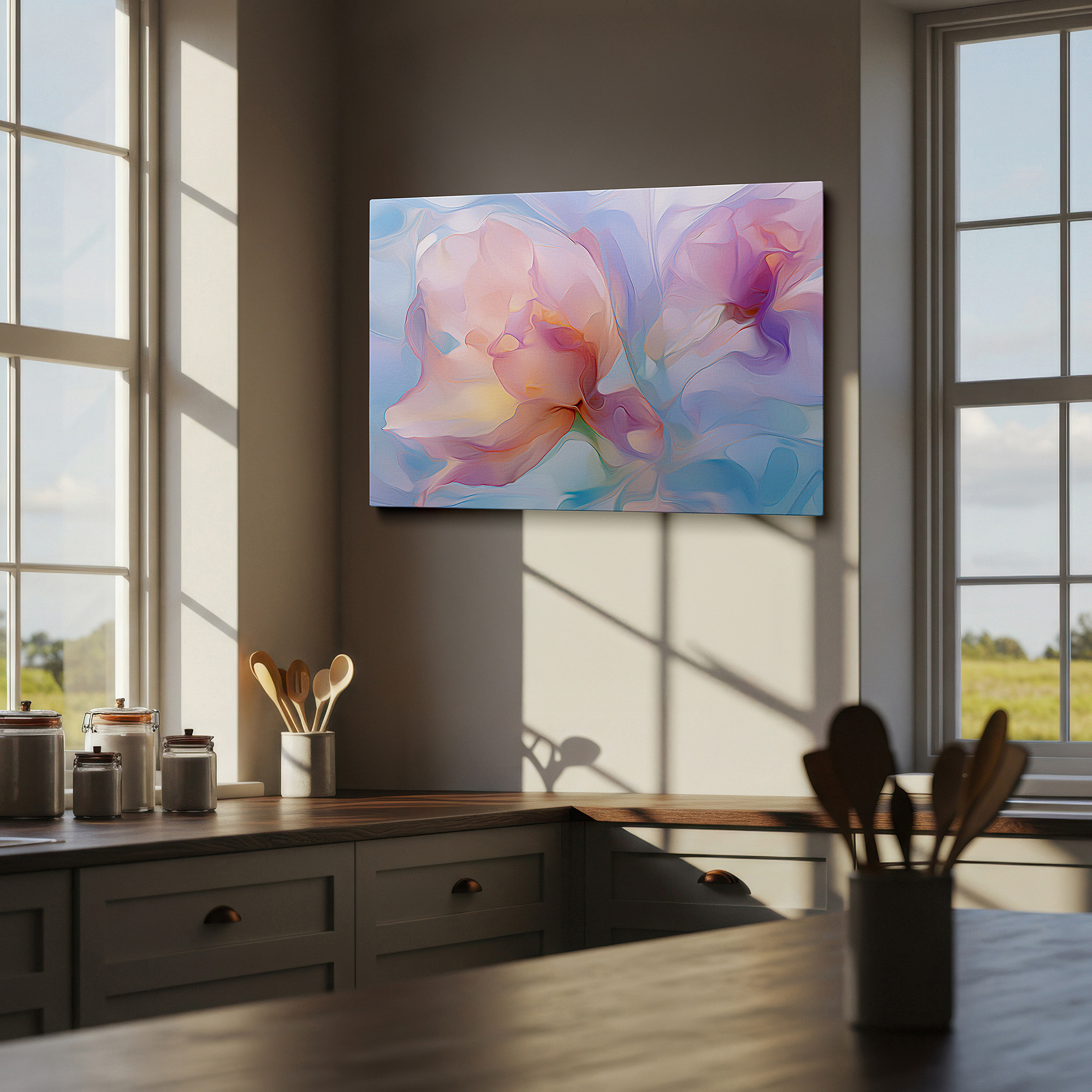 The 75×50 cm version anchors medium rooms without dominating them — a serene symphony of pastel blooms: large canvas wall art for bedrooms and offices, featuring tranquil hues