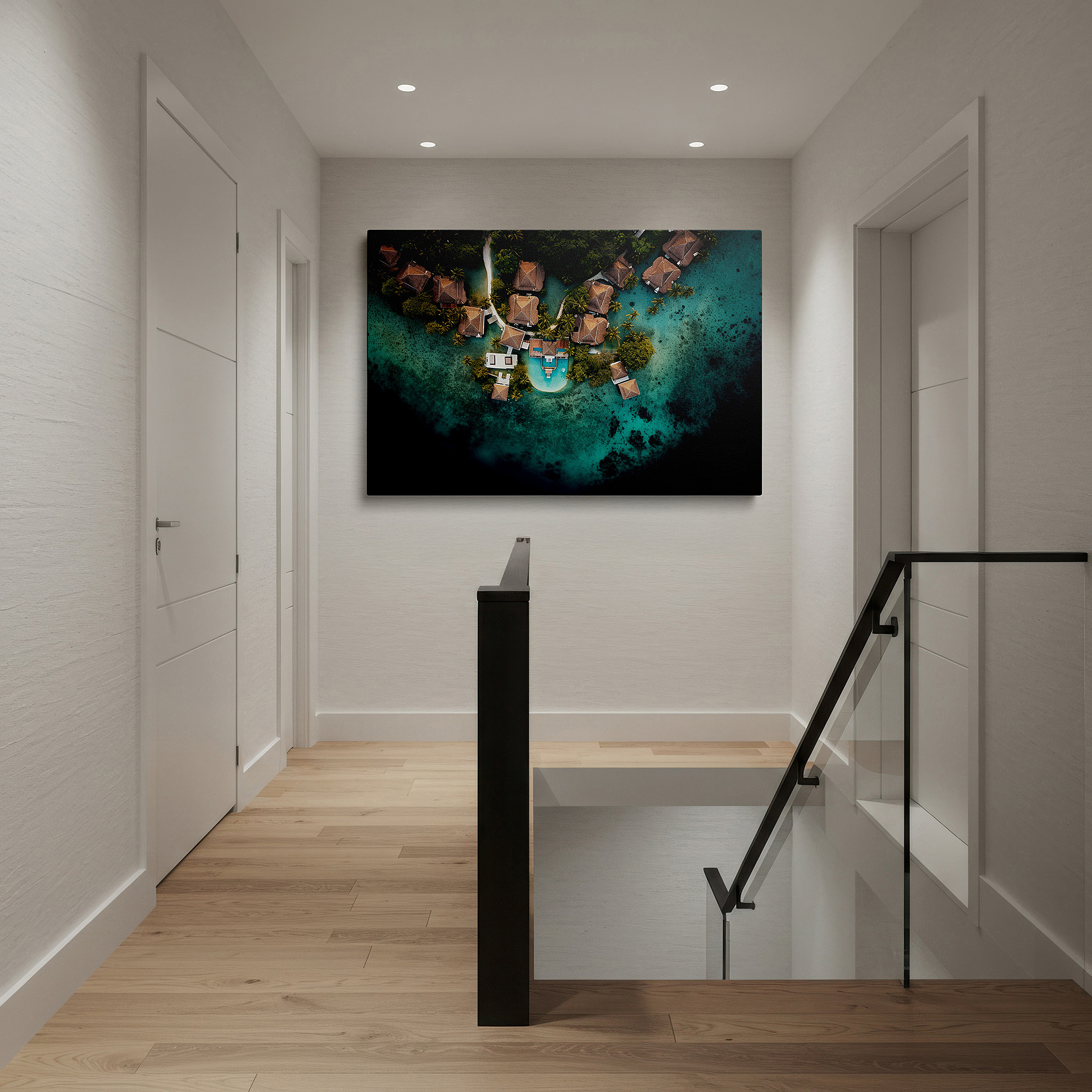 The 75×50 cm version anchors medium rooms without dominating them — serene tropical resort featuring opulent overwater bungalows on a sparkling aquamarine lagoon - large wall art, canvas wall art, wall decor for office