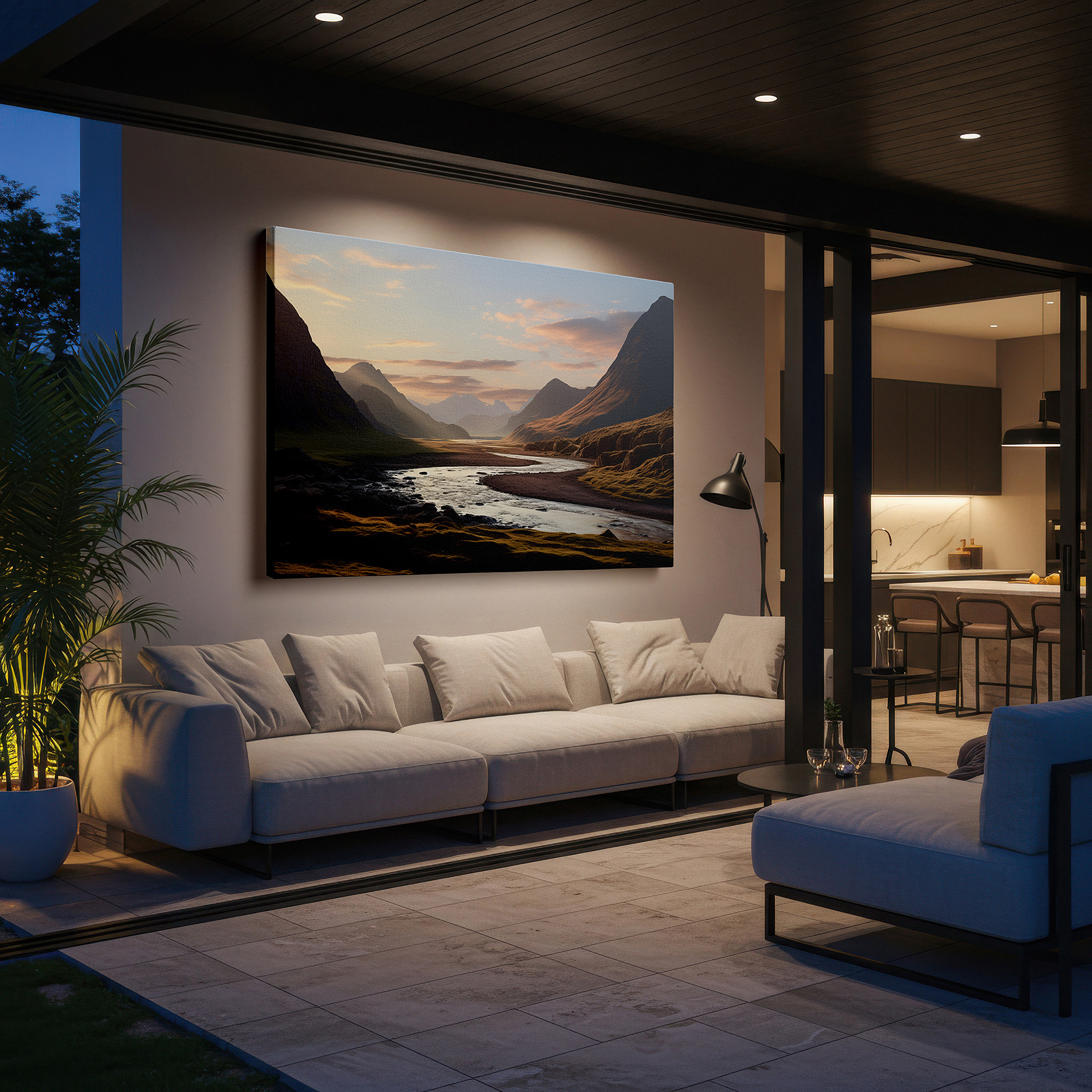The 75×50 cm version anchors medium rooms without dominating them — serene valley sunset and river canvas print - large wall art for office and bedroom decor