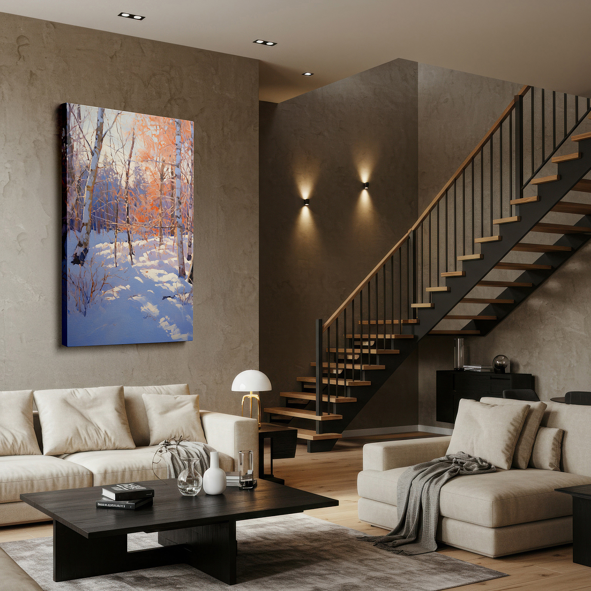 The 75×50 cm version anchors medium rooms without dominating them — serene winter forest in sunlight snow large wall art, canvas wall decor, office wall decor, bedroom wall decor, living room wall art