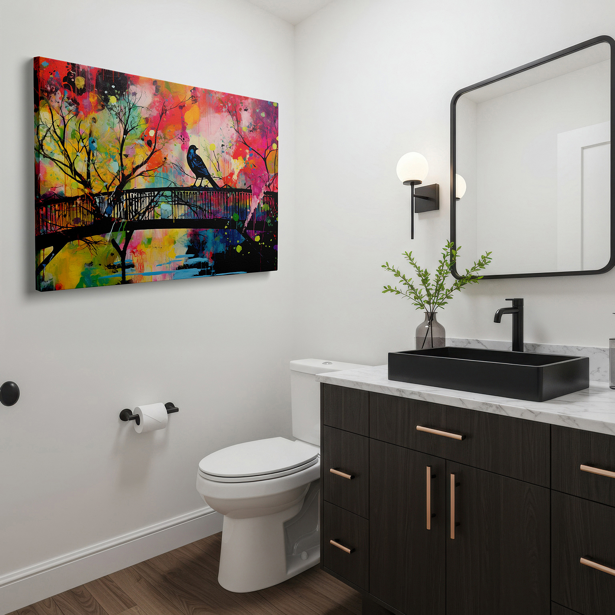 The 75×50 cm version anchors medium rooms without dominating them — solitary bird on a bridge surrounded by vivid abstract splashes: a reflection on solitude and nature, large canvas wall art decor
