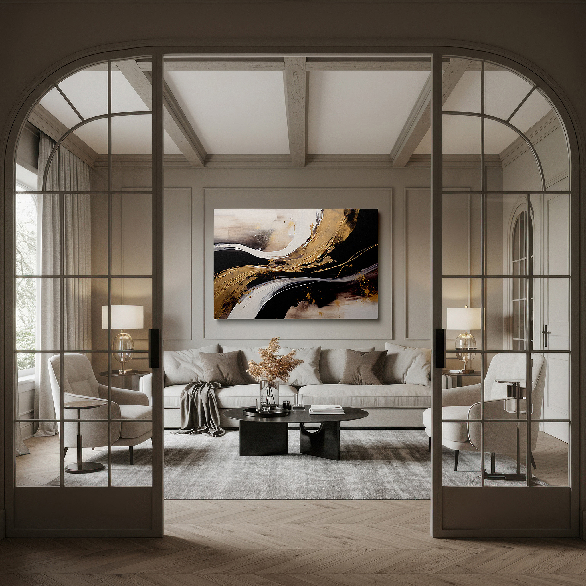 The 75×50 cm version anchors medium rooms without dominating them — sophisticated abstract dance in black, white, and gold accents - large canvas wall art for office, bedroom, and living room decor