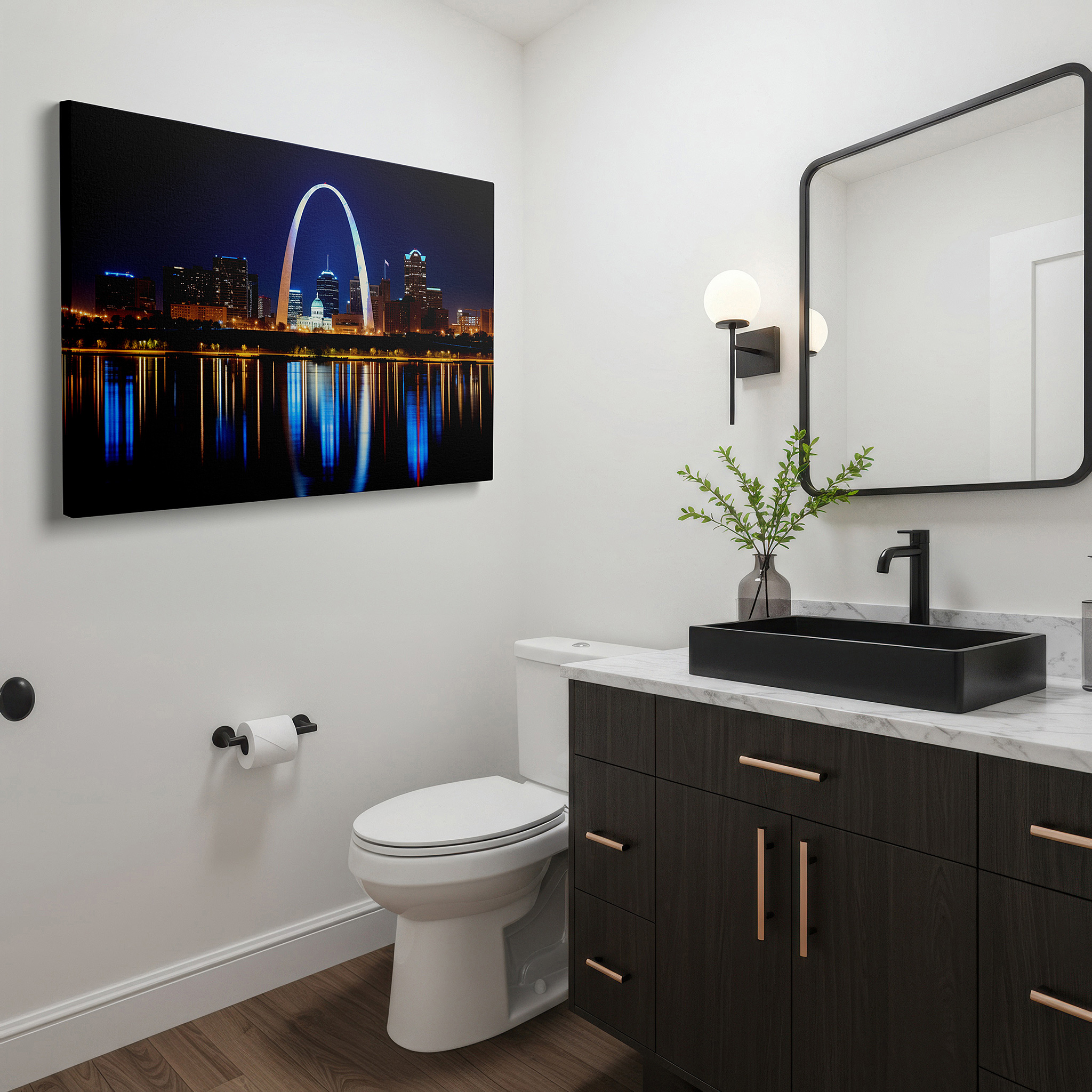 The 75×50 cm version anchors medium rooms without dominating them — starry night over gateway arch - st. louis's architectural wonder large wall art, canvas print, home and office decor