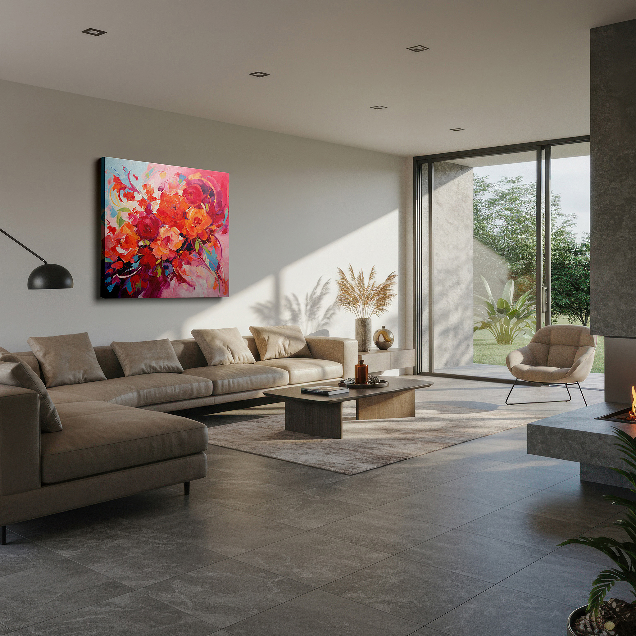 The 75×50 cm version anchors medium rooms without dominating them — a stunning floral canvas featuring bold reds and rich greens, perfect for large wall decor in offices or bedrooms