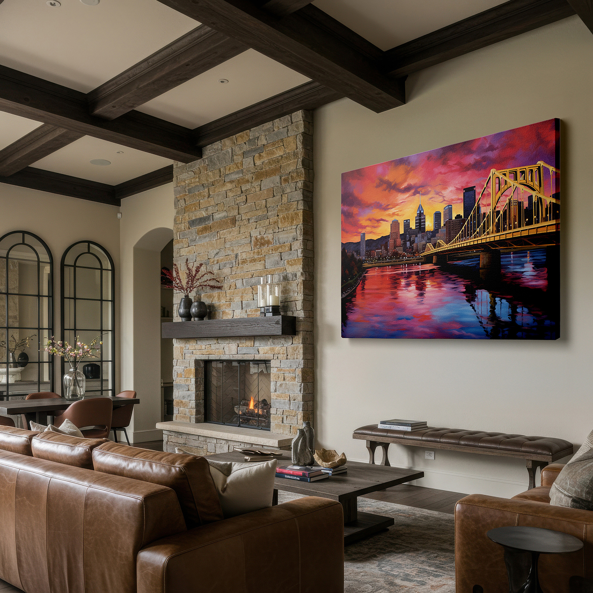 The 75×50 cm version anchors medium rooms without dominating them — sunset bridge and city skyline - celebrating urban spirit and architectural elegance large wall art, canvas wall art, wall decor, office wall art