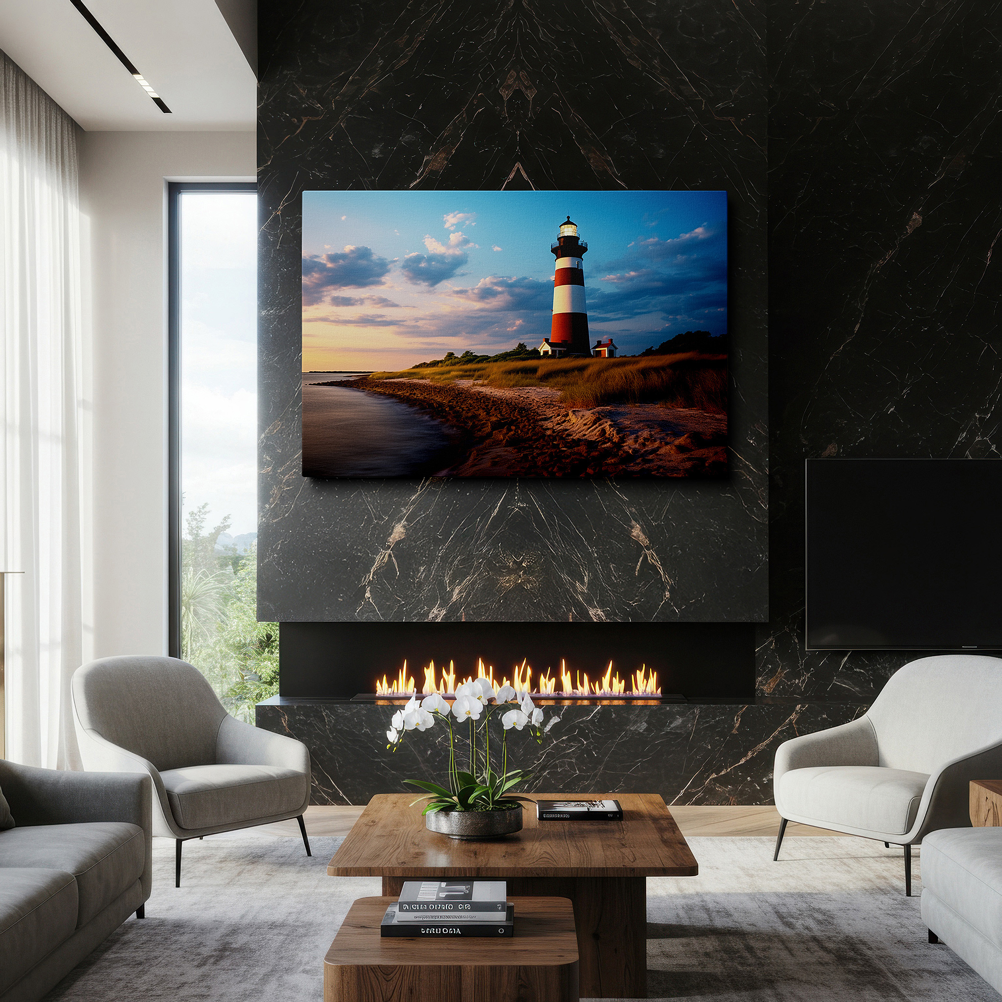 The 75×50 cm version anchors medium rooms without dominating them — sunset at the majestic lighthouse: tranquil beach scene with vibrant colors and serene coastal beauty - large canvas wall art decor