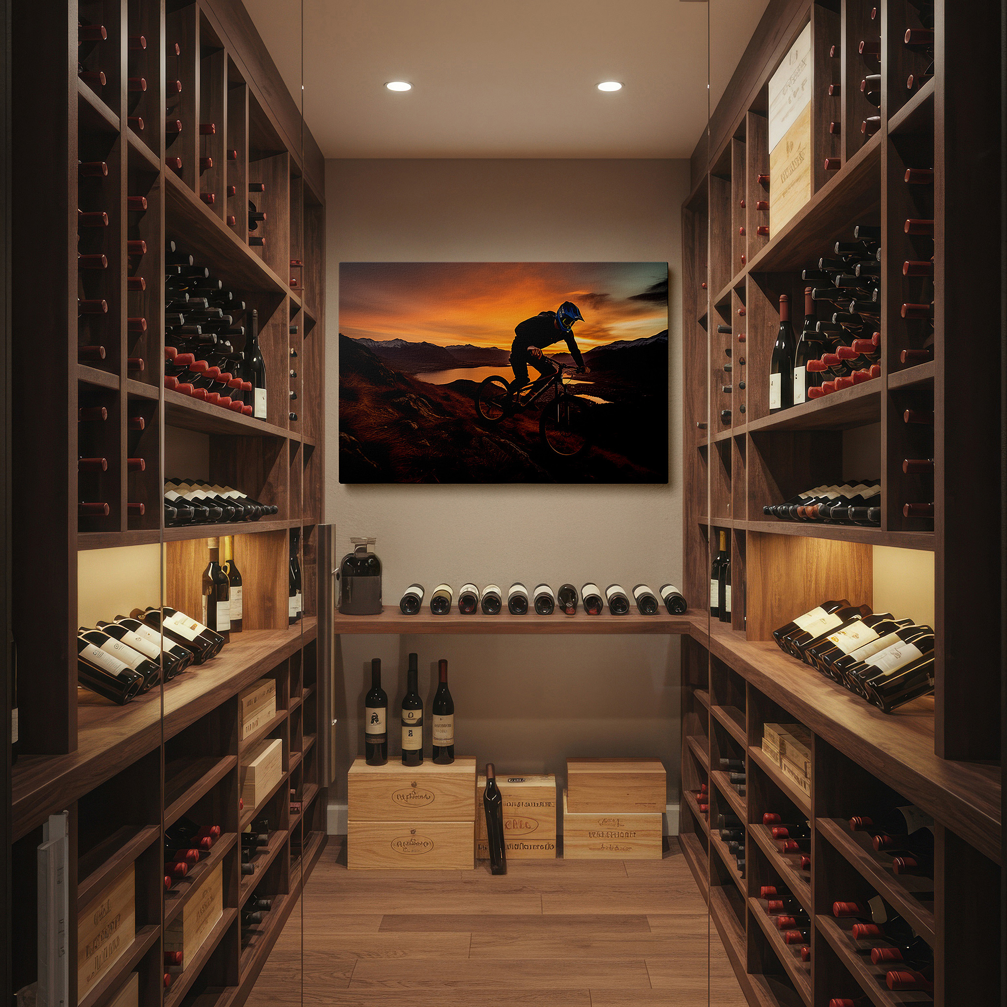 The 75×50 cm version anchors medium rooms without dominating them — sunset mountain biking on rugged terrain - large canvas wall art for office, bedroom, and living room decor