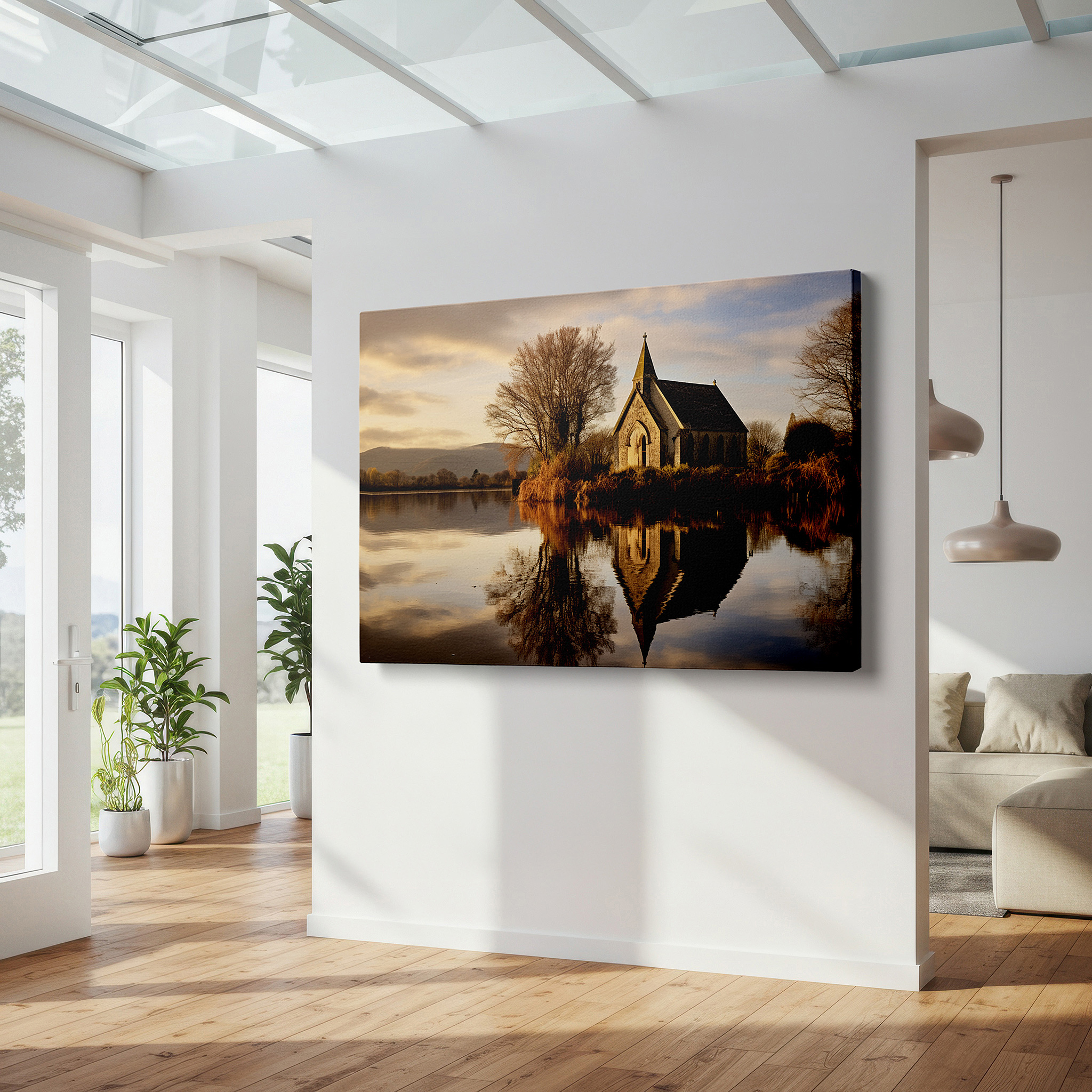 The 75×50 cm version anchors medium rooms without dominating them — tranquil lake and serene church reflections evening hues large canvas wall art for office and bedroom decor