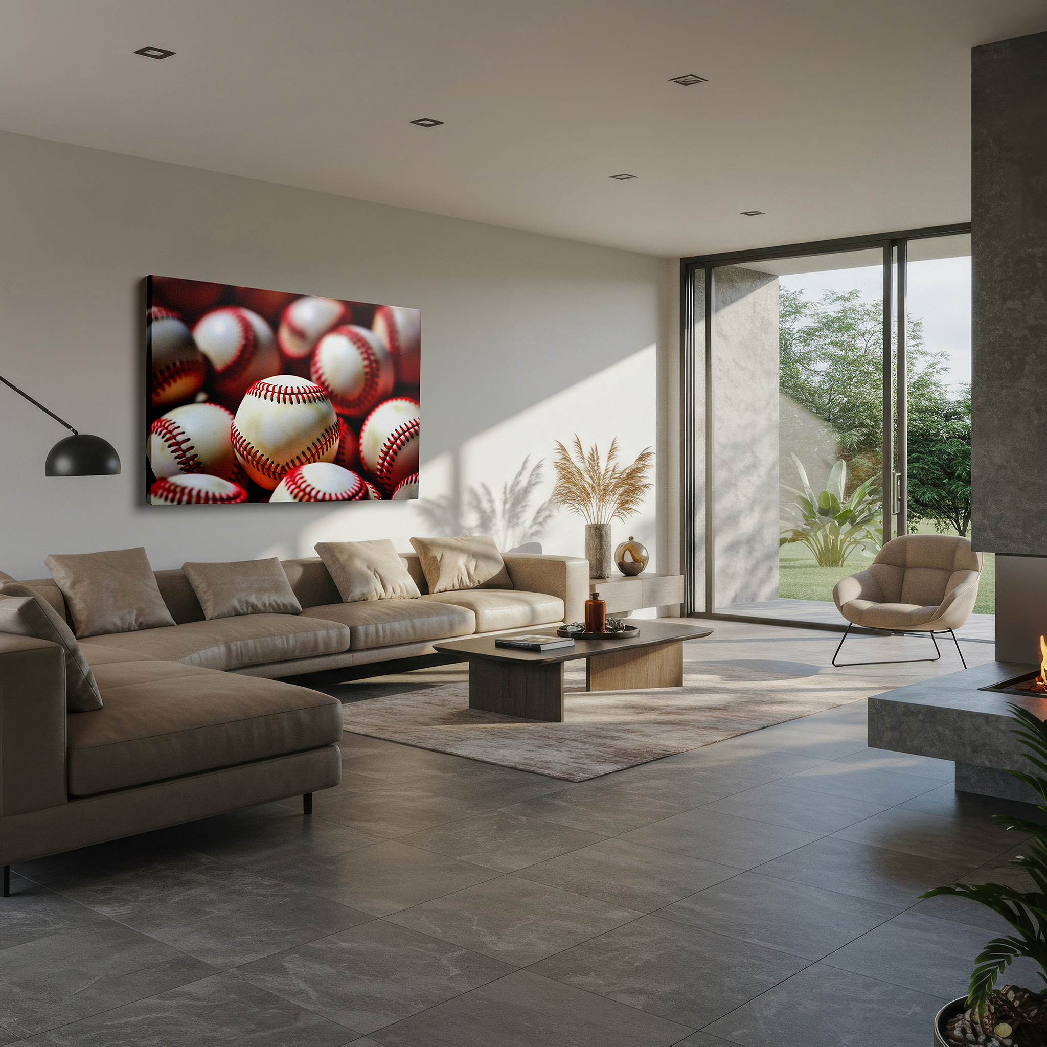 The 75×50 cm version anchors medium rooms without dominating them — a tribute to america's favorite sport: precision-made baseballs with classic red stitching - large wall art, canvas wall art, wall decor for office