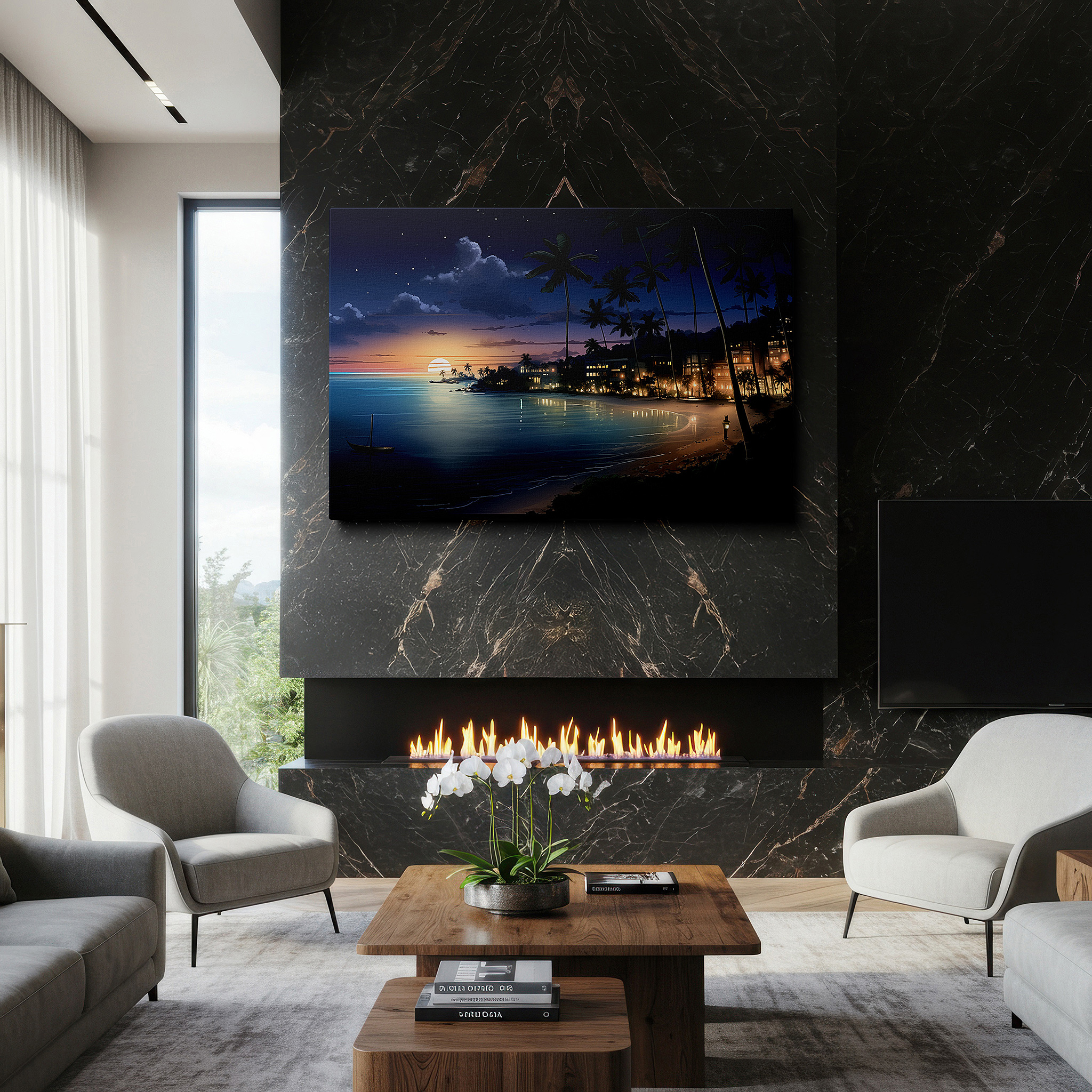 The 75×50 cm version anchors medium rooms without dominating them — tropical paradise at sunset: serene shoreline retreat with palm silhouettes and vibrant sky - large canvas wall art decor