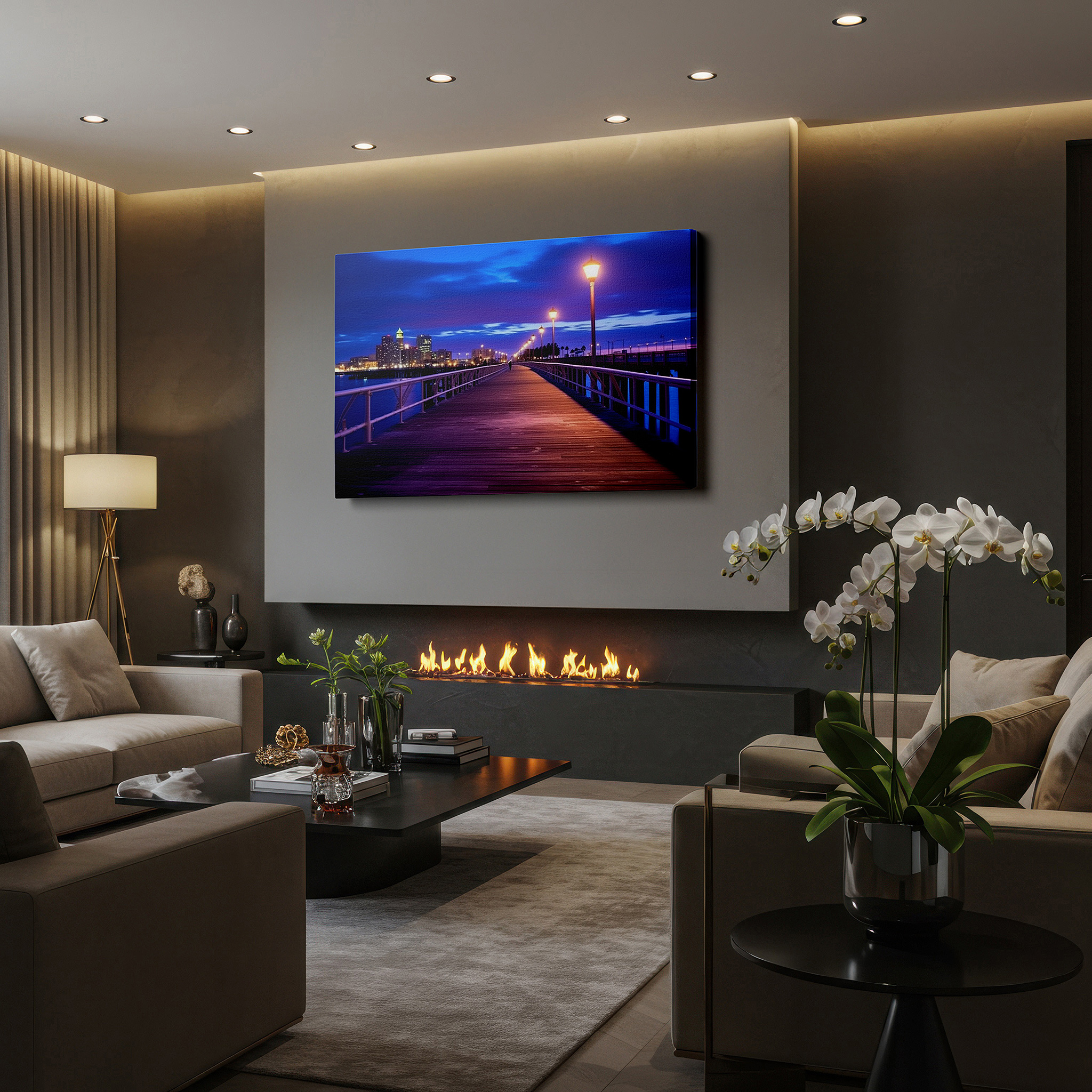 The 75×50 cm version anchors medium rooms without dominating them — twilight pier and city lights - a harmonious mix of natural and urban beauty large wall art, canvas wall art, wall decor, office wall art