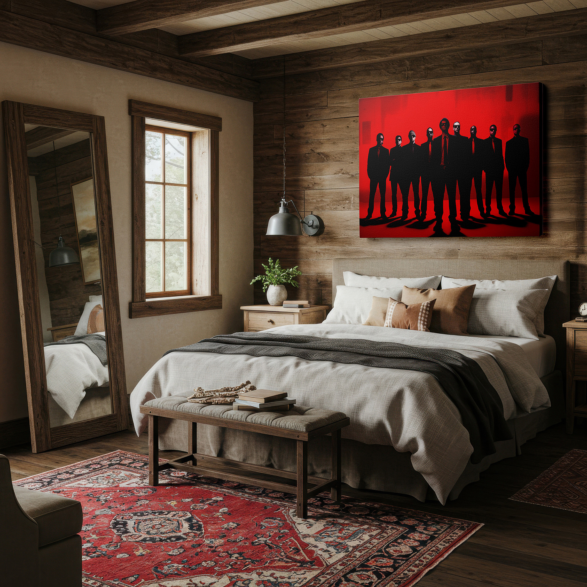 The 75×50 cm version anchors medium rooms without dominating them — unity and professionalism themed wall art featuring ten figures against a bright red background, large canvas for office decor