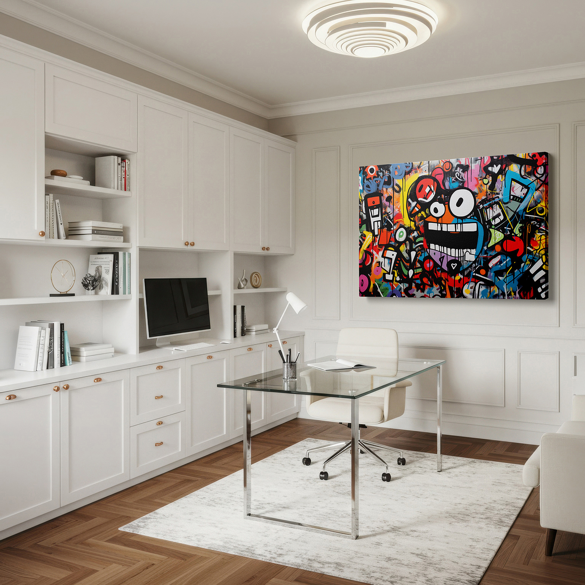 The 75×50 cm version anchors medium rooms without dominating them — urban graffiti wall art: dynamic, vibrant, and abstract large canvas for home and office decor