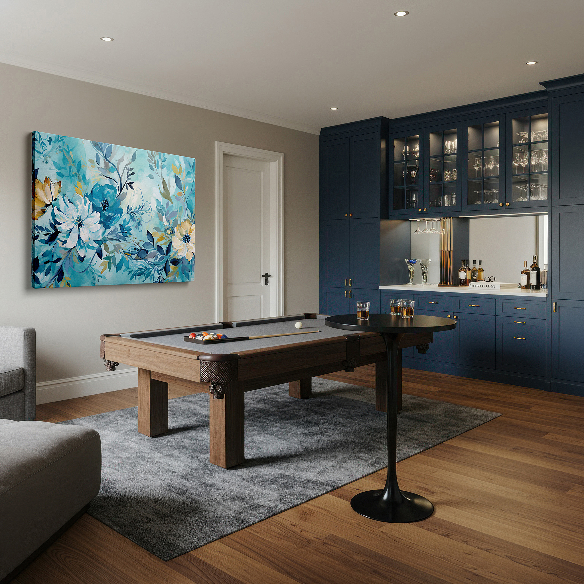 The 75×50 cm version anchors medium rooms without dominating them — vibrant floral symphony in blues and yellows with soft-hued leaves, large canvas wall art for office and bedroom decor