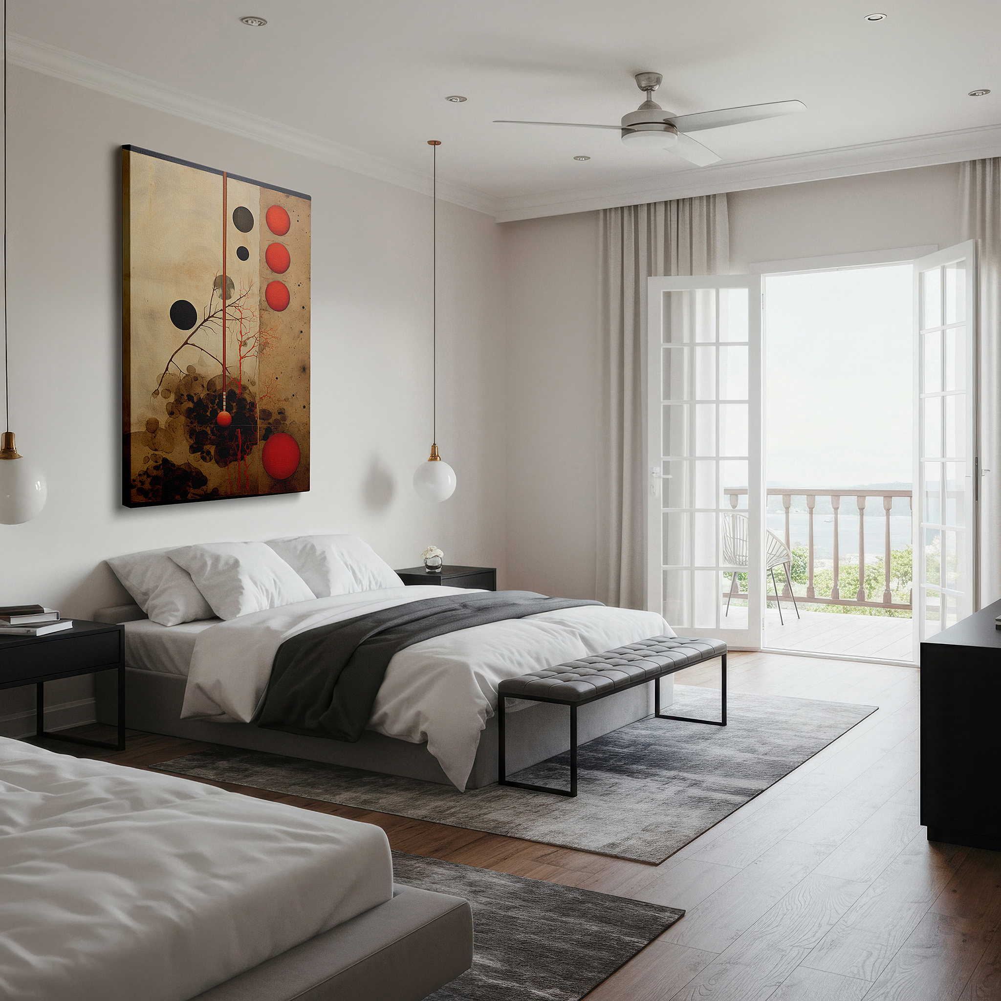 The 75×50 cm version anchors medium rooms without dominating them — vibrant interaction of red and black circles on a textured background, large canvas wall art for home and office decor