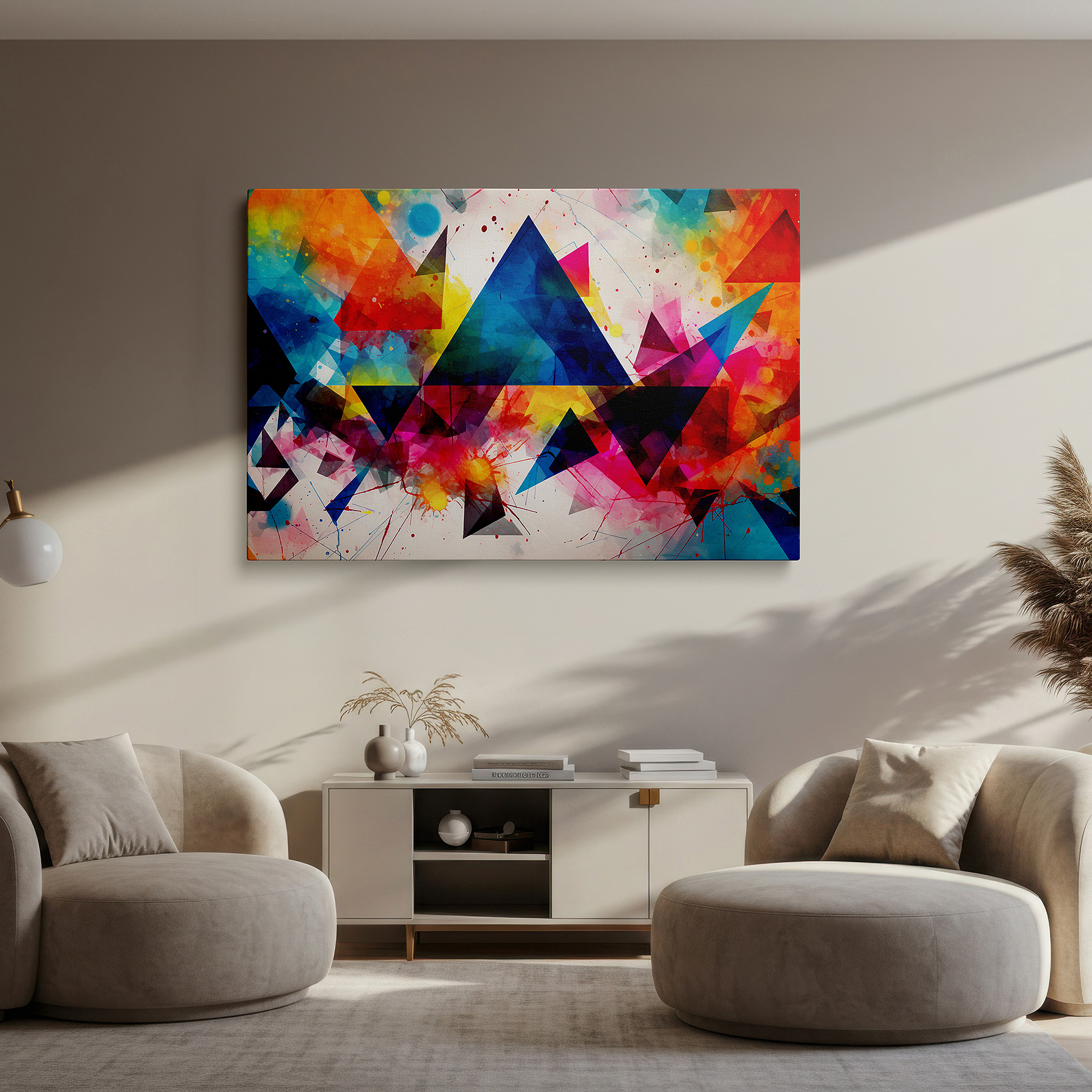 The 75×50 cm version anchors medium rooms without dominating them — wall art: contemporary abstract large canvas featuring a vibrant spectrum of geometric vitality, ideal for office, living room, and bedroom decor.