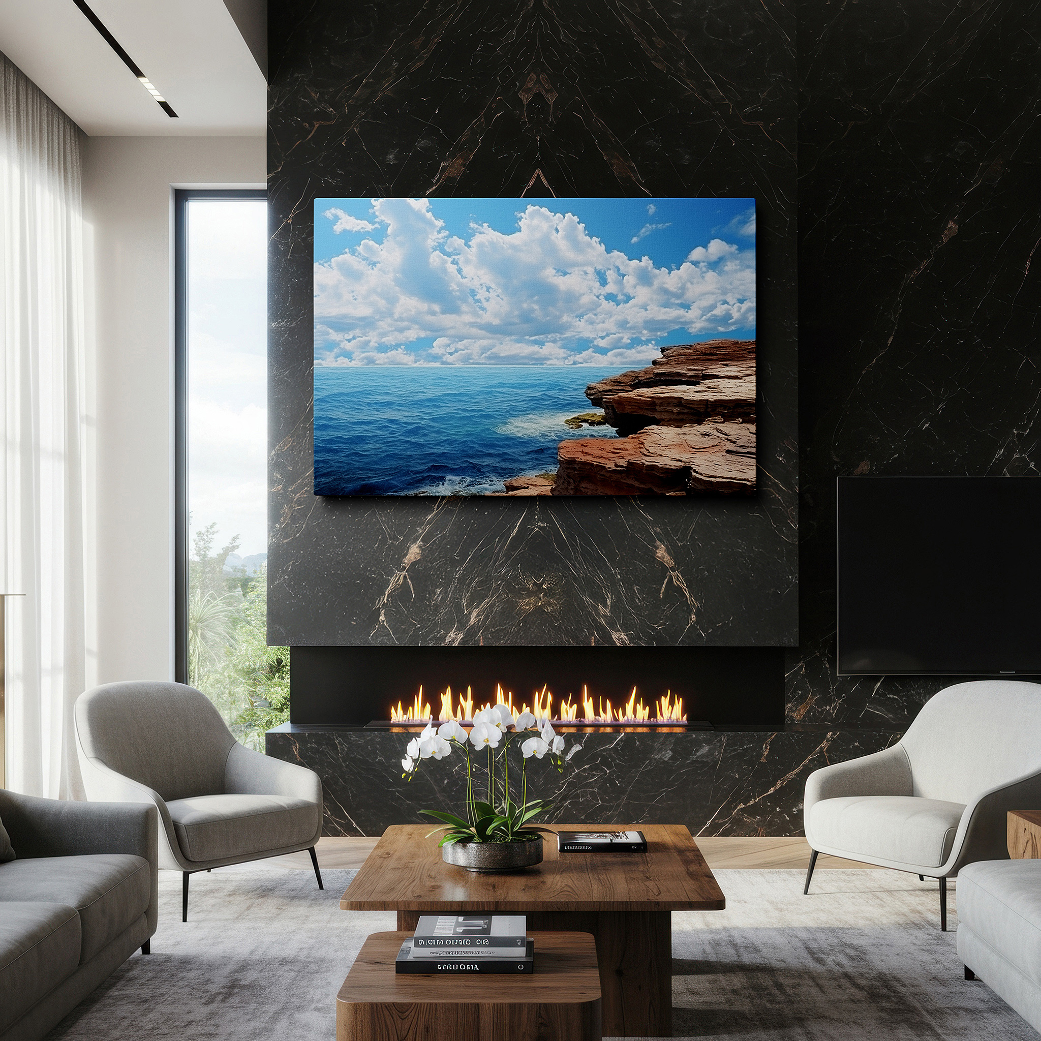 The 75×50 cm version anchors medium rooms without dominating them — wall art: majestic cliffs and tranquil seas beneath expansive skies - nature's splendid dance. large canvas wall art for home and office decor.