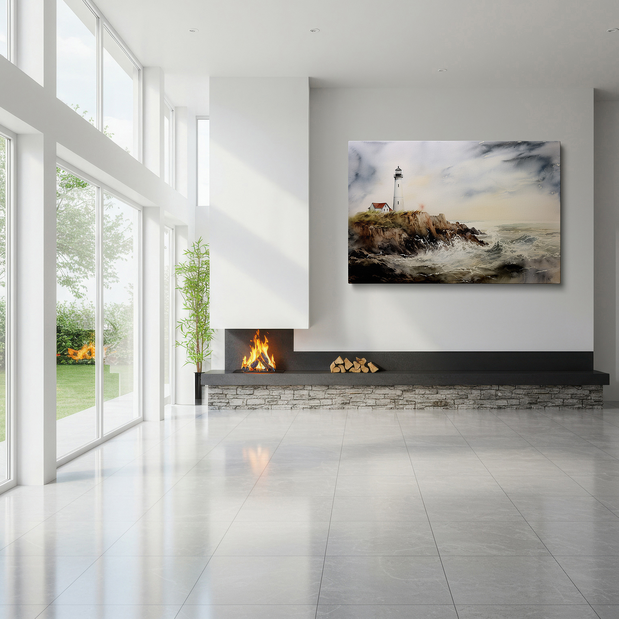 The 75×50 cm version anchors medium rooms without dominating them — wall art: majestic lighthouse on rocky cliff - symbolizing strength and hope amidst nature's fury, large canvas wall art for home and office decor