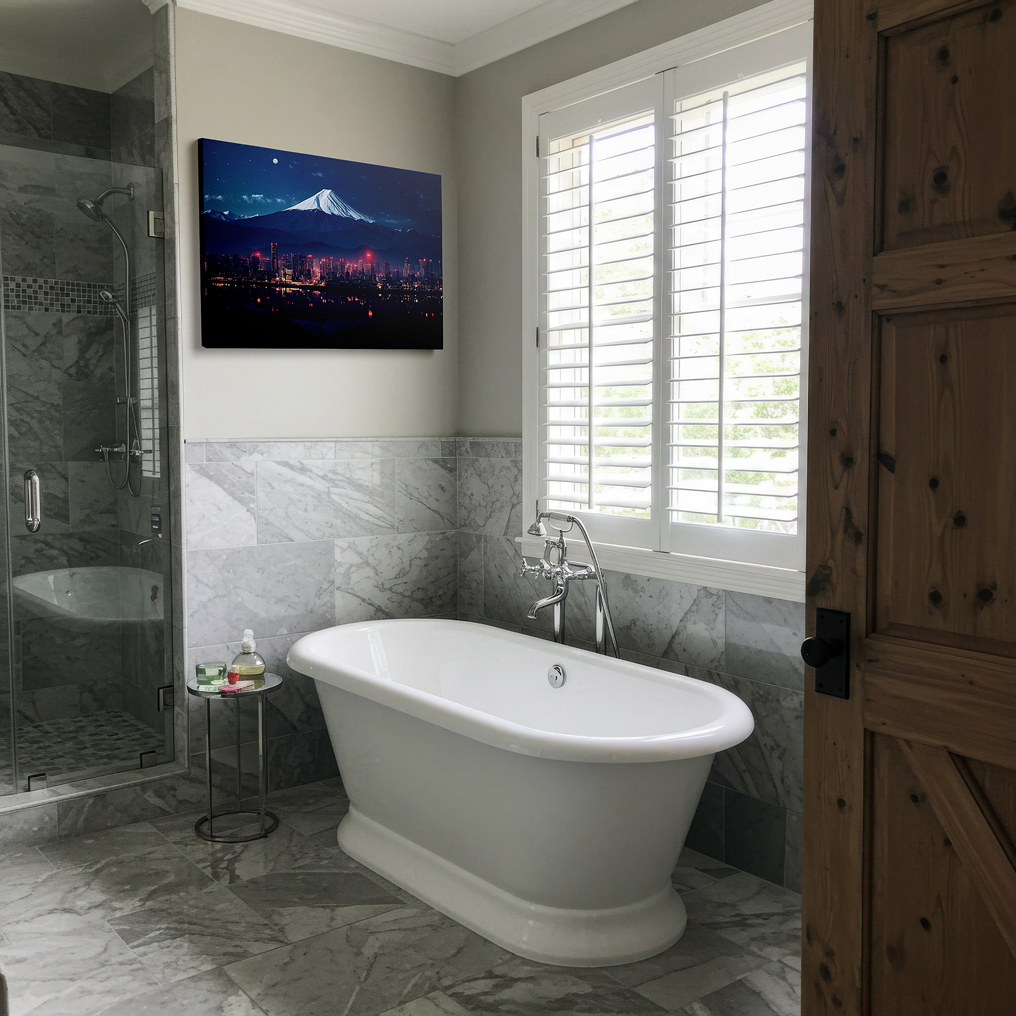 The 75×50 cm version anchors medium rooms without dominating them — wall art: majestic mount fuji under moonlit skies amidst urban lights - large canvas wall art for office, bedroom, and living room decor