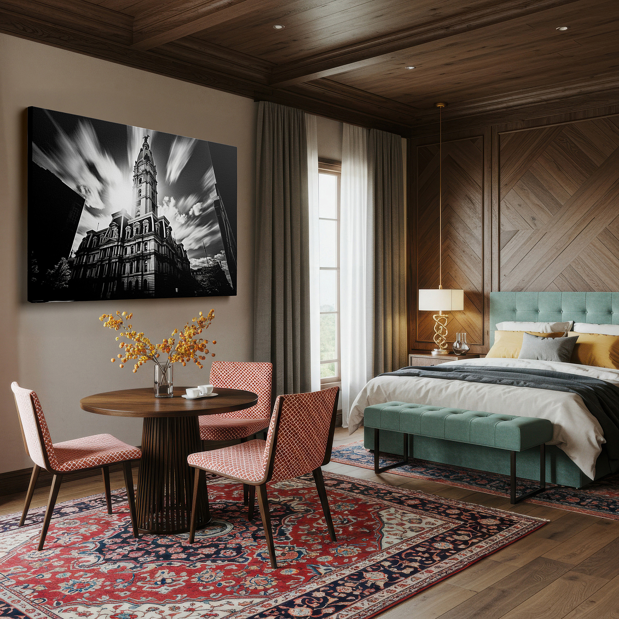 The 75×50 cm version anchors medium rooms without dominating them — wall art: majestic tower in golden sunlight against stormy skies - large canvas for office, living room, or bedroom decor
