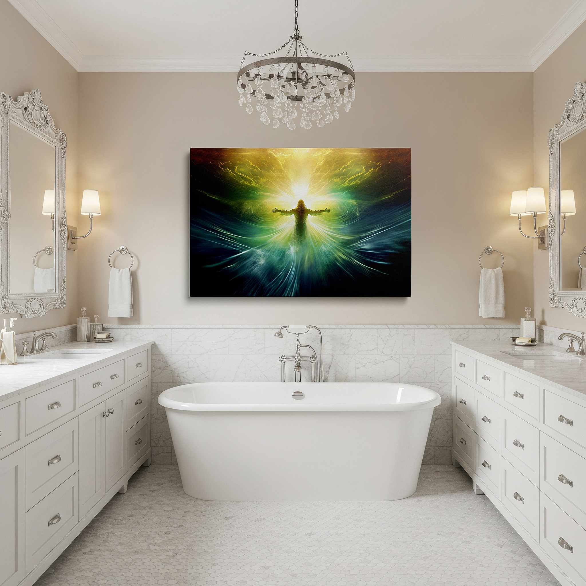 The 75×50 cm version anchors medium rooms without dominating them — wall art: radiant figure amid cosmic hues - a journey of spiritual enlightenment and universal connection. large canvas wall art for office decor.