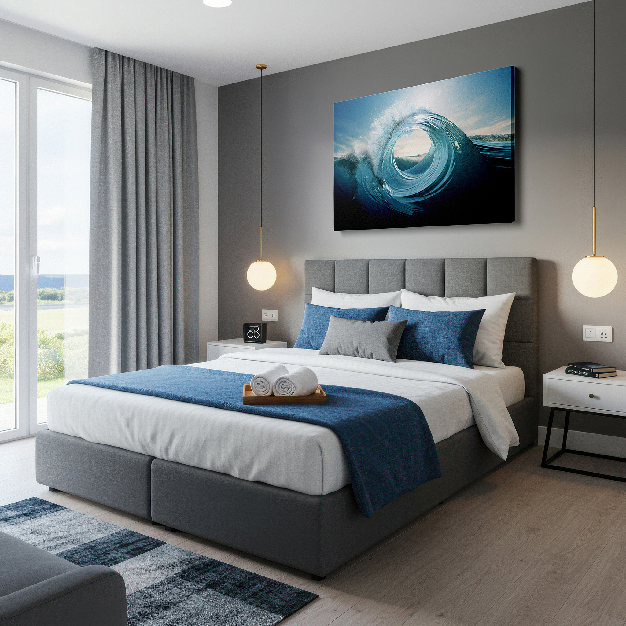 The 75×50 cm version anchors medium rooms without dominating them — wall art: sunlit ocean wave - a hyper-realistic depiction of nature's dynamic beauty. large canvas wall art decor.