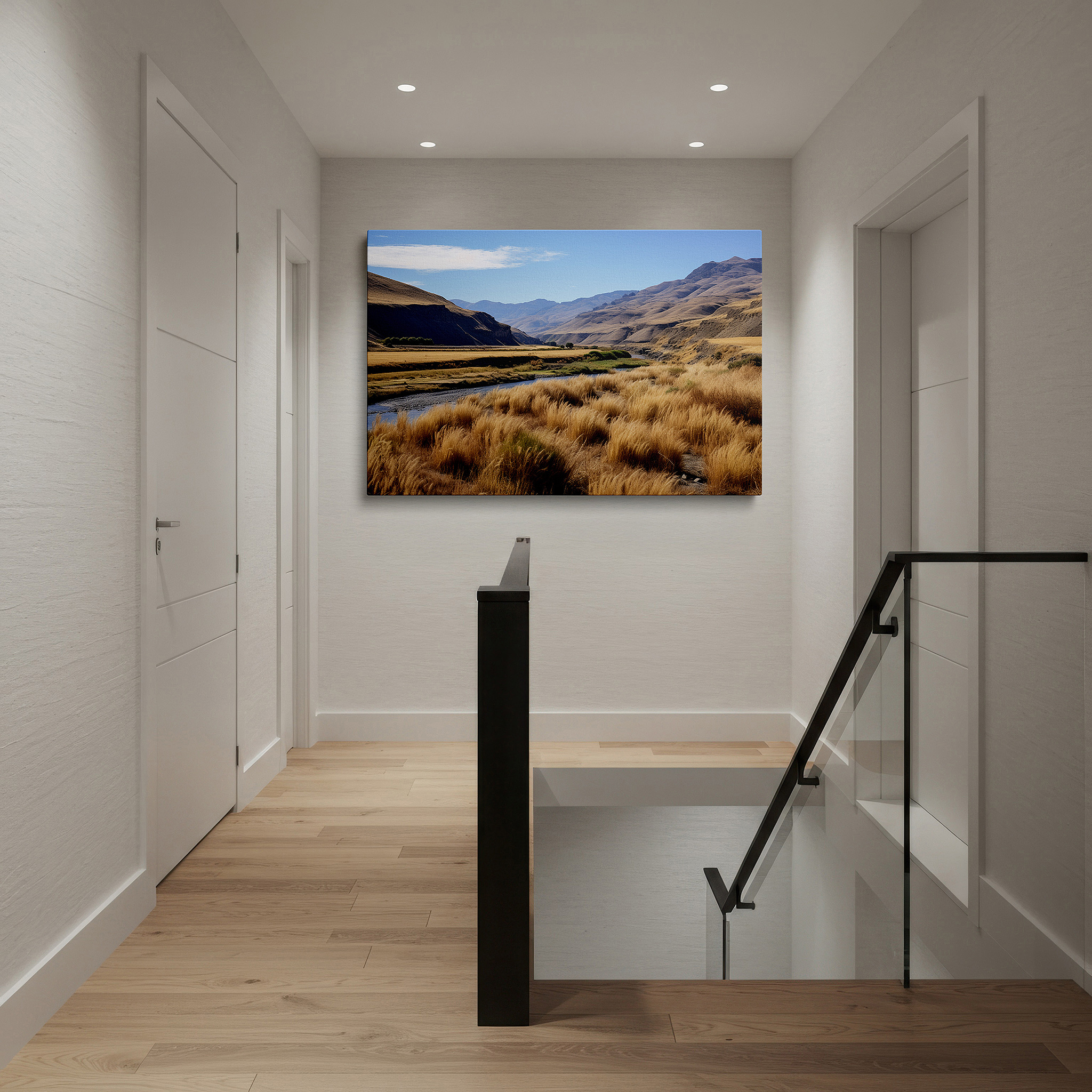 The 75×50 cm version anchors medium rooms without dominating them — wall decor: dry riverbed with golden grasses - a striking representation of nature's endurance and elegance. large canvas art for home and office.