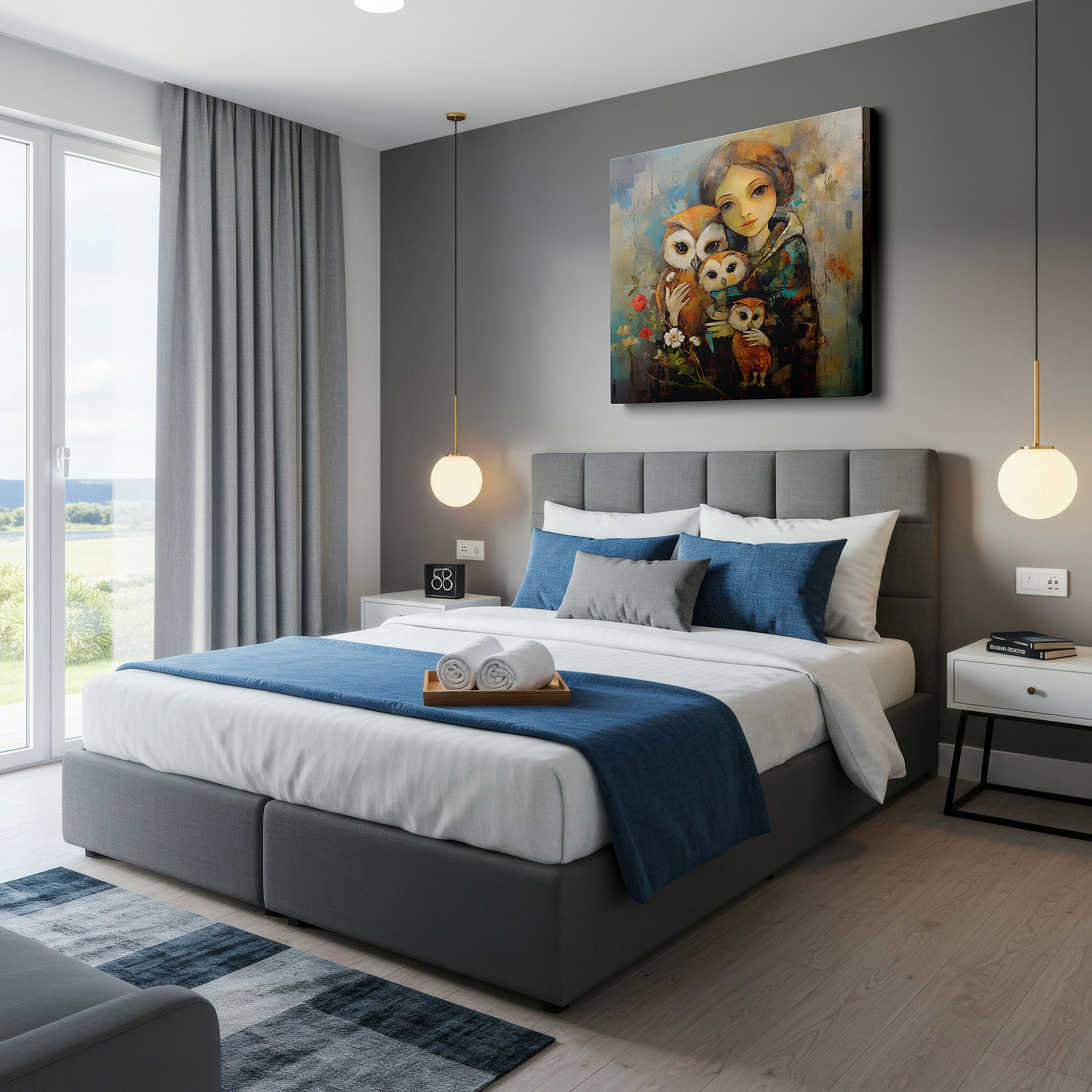 The 75×50 cm version anchors medium rooms without dominating them — wall decor: serene nature embrace - a girl with owls in a peaceful setting large canvas art, home and office wall decor for bedrooms and living spaces