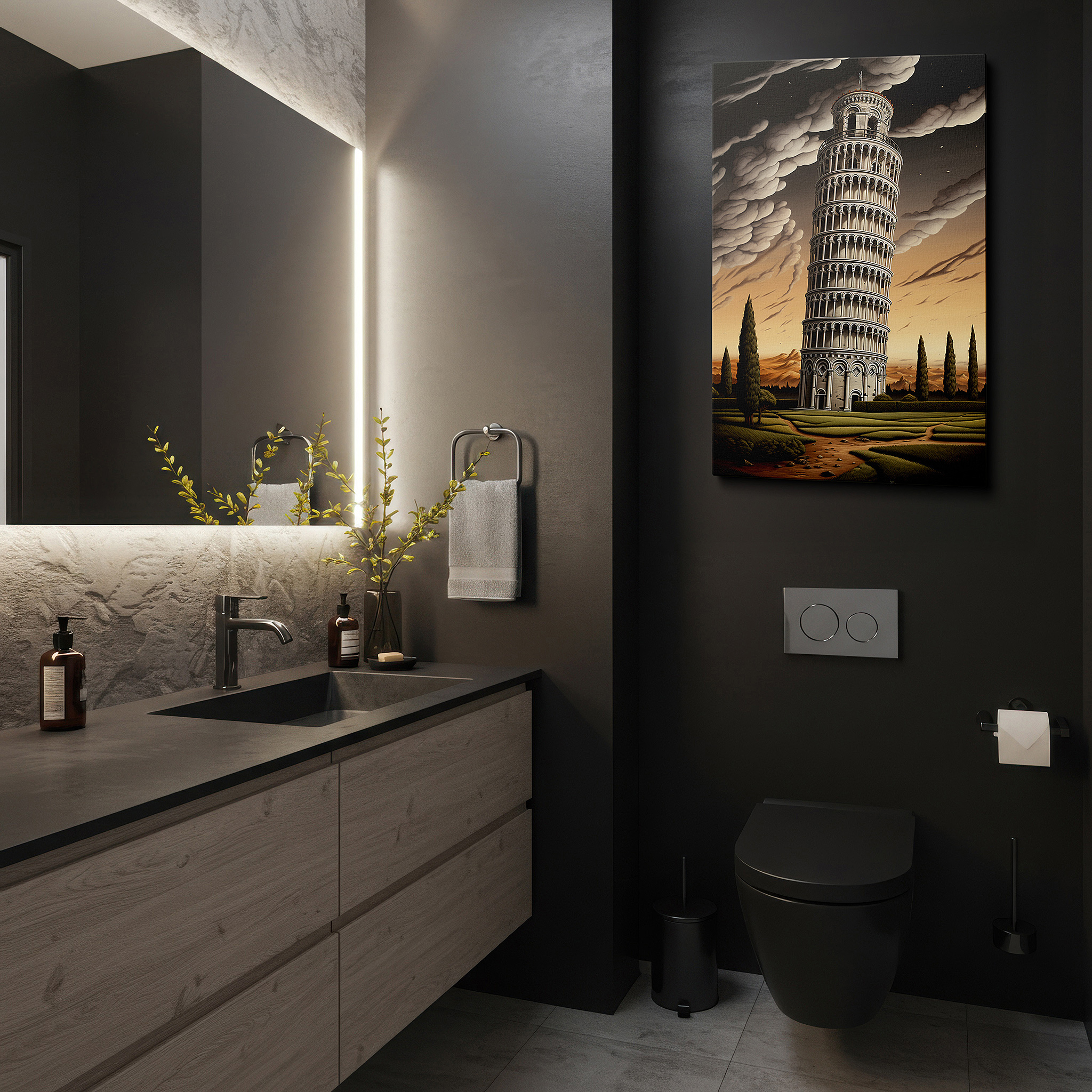 The 75×50 cm version anchors medium rooms without dominating them — whimsical leaning tower of pisa canvas wall art with dynamic sky for office, bedroom, and living room decor