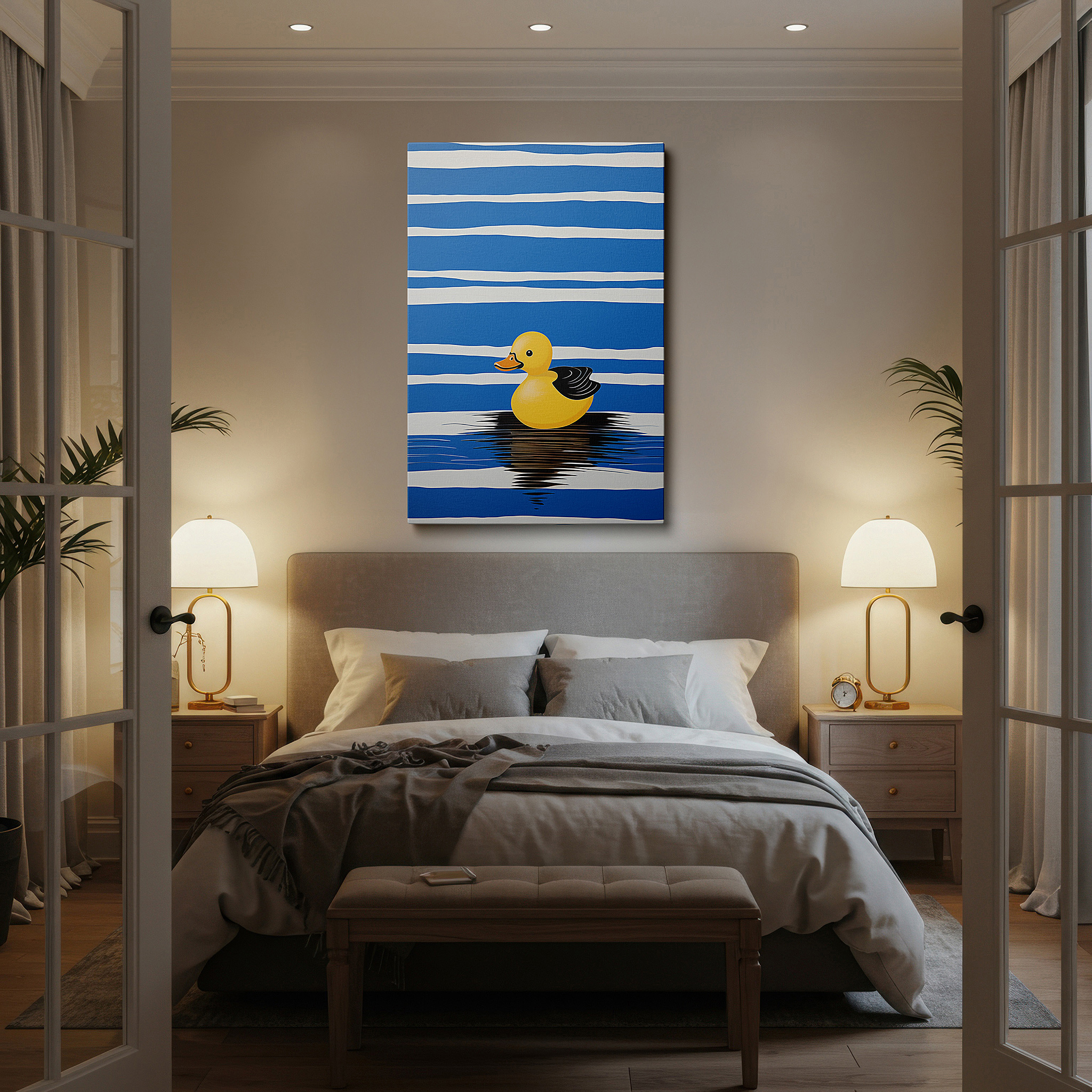 The 75×50 cm version anchors medium rooms without dominating them — yellow rubber duck on blue and white striped background, large canvas wall art evoking childhood memories