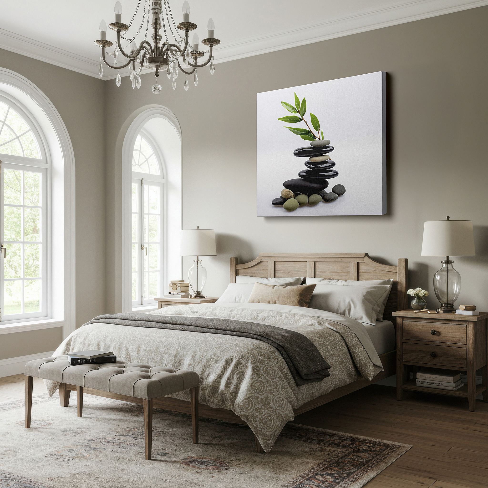 The 75×50 cm version anchors medium rooms without dominating them — zen stones and vibrant leaves wall art: embrace serenity and mindfulness with this large canvas, perfect for office or bedroom decor