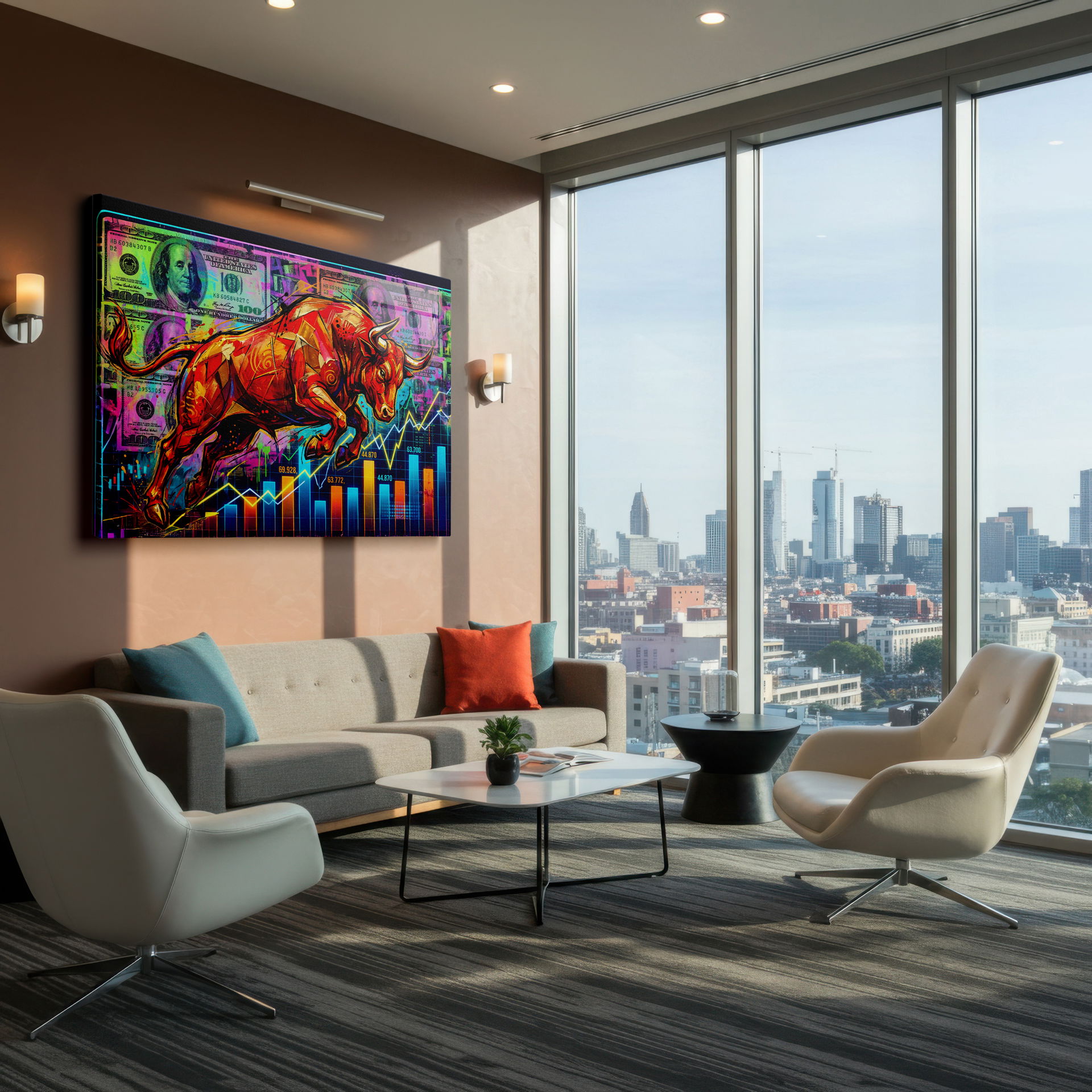 Close-up of the textured, high-resolution canvas print, detailing the bull market wall decor