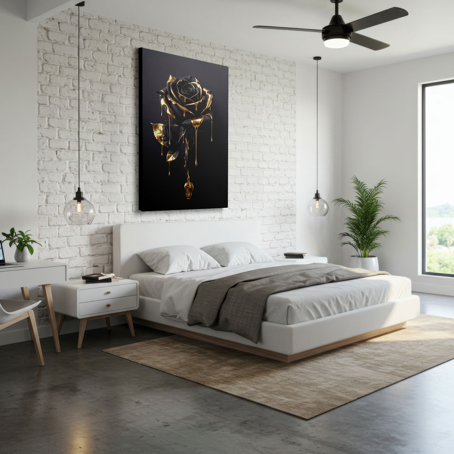 Exquisite floral wall art featuring a black rose with dramatic dripping gold accents, perfect for bedroom wall decor