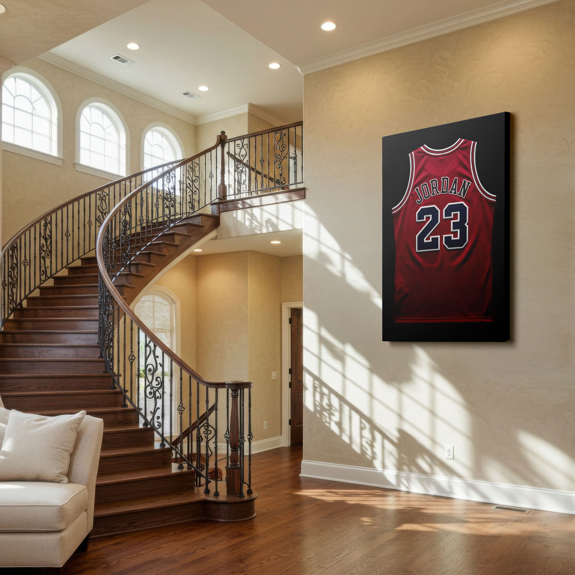Michael Jordan's legendary #23 jersey design captured on durable canvas wall art for a striking athletic wall decor statement.
