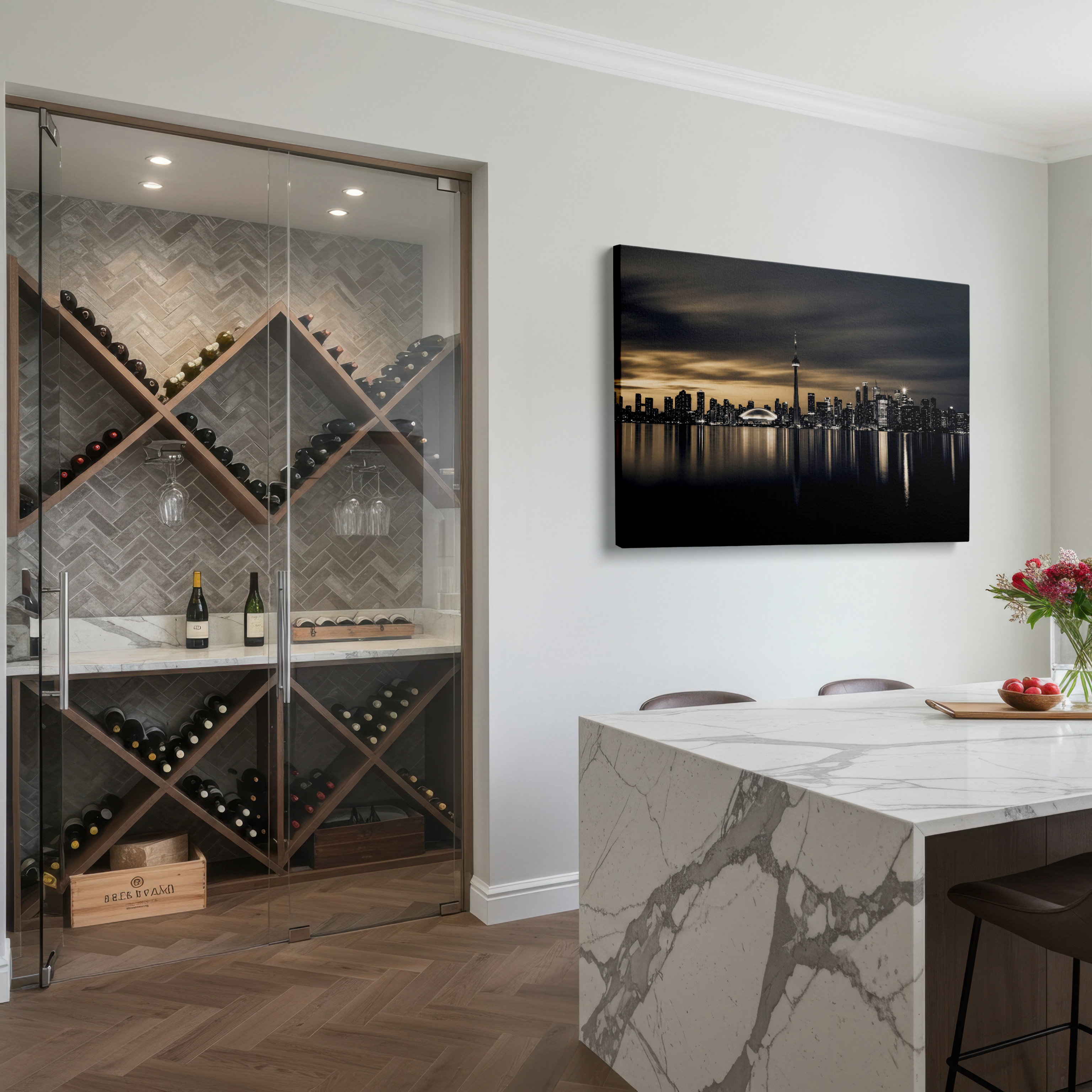 Elegant city lights and shadows creating a mesmerizing visual effect on this exquisite Toronto wall art on Wrapped Canvas
