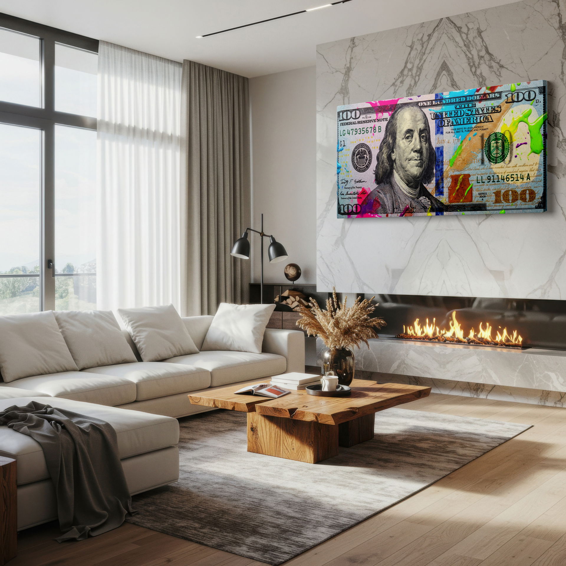 Close-up view of the detailed and vibrant pop art dollar bill canvas wall art suitable for office wall decor