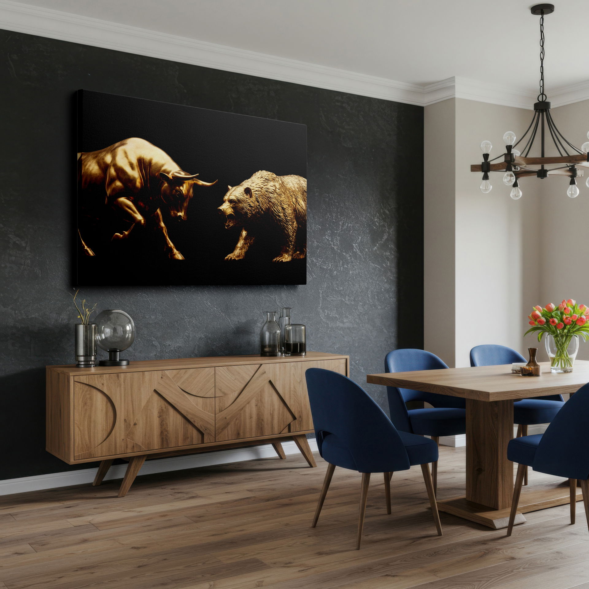 Full view of the luxurious golden bull and bear wall art, a sophisticated statement piece for home wall decor.