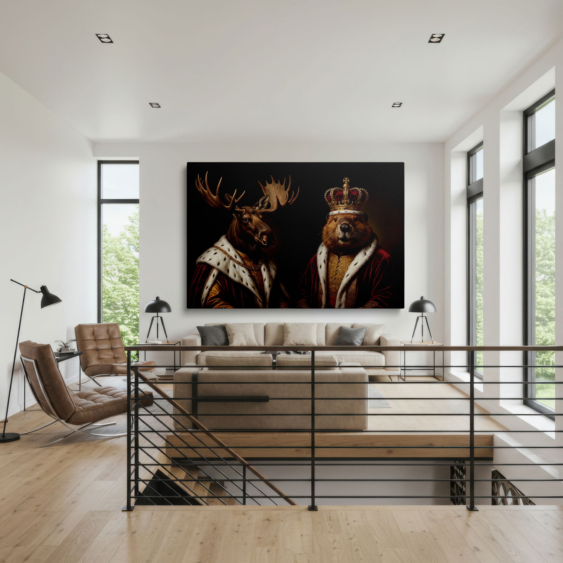 Full view of the "Royal Rivals" artwork, blending wildlife and portraiture styles for sophisticated wall decor