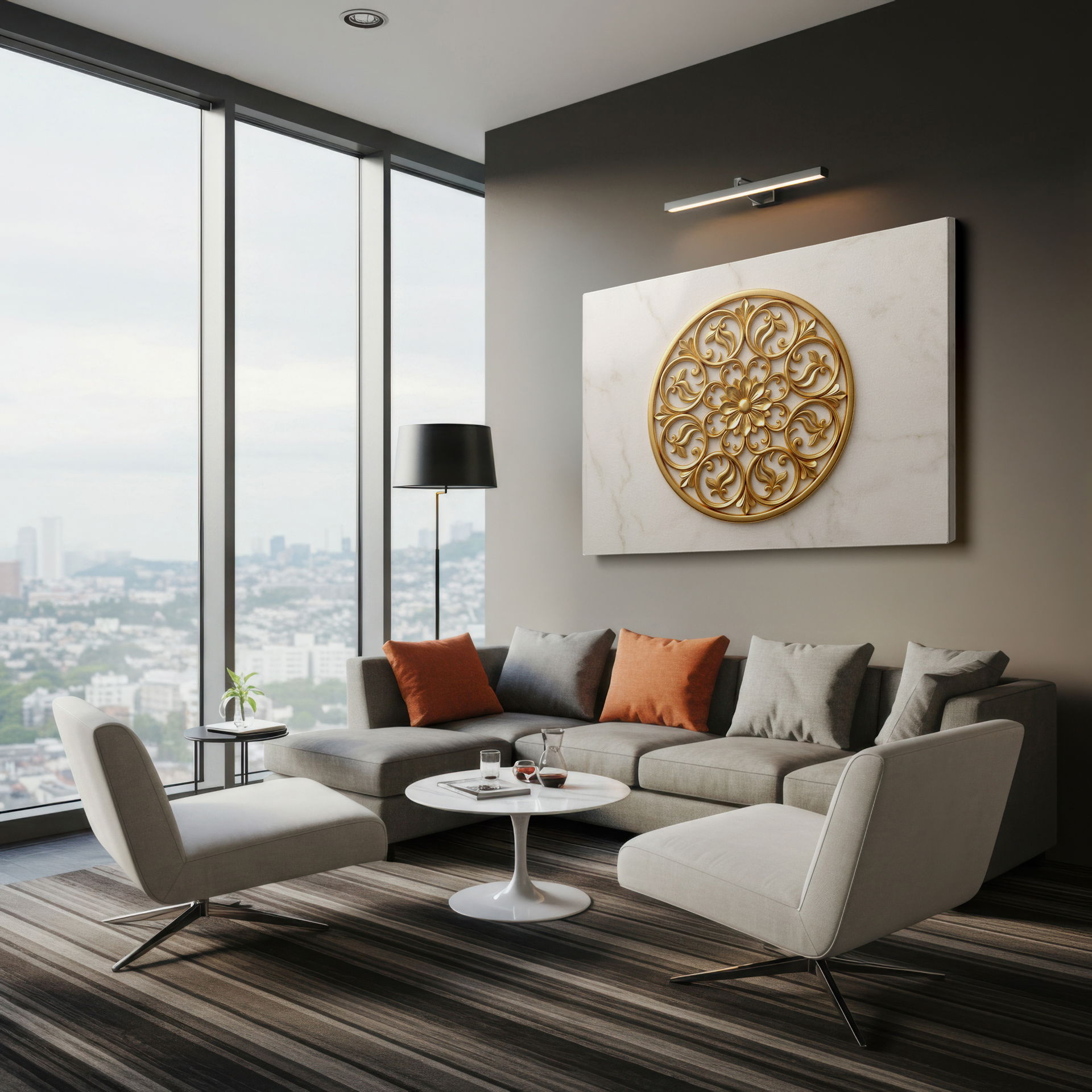 Architectural-style golden floral medallion canvas wall art, creating a dramatic focal point as luxury wall decor