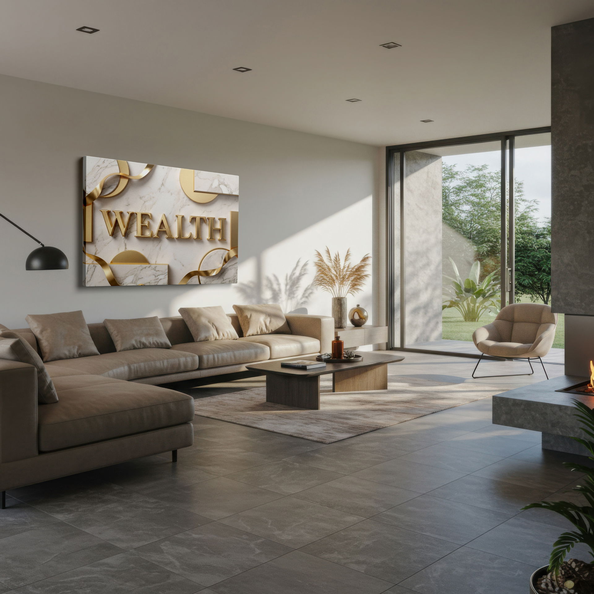 Full view of the 'Wealth' canvas wall art displayed in a modern home office setting, enhancing the wall decor.