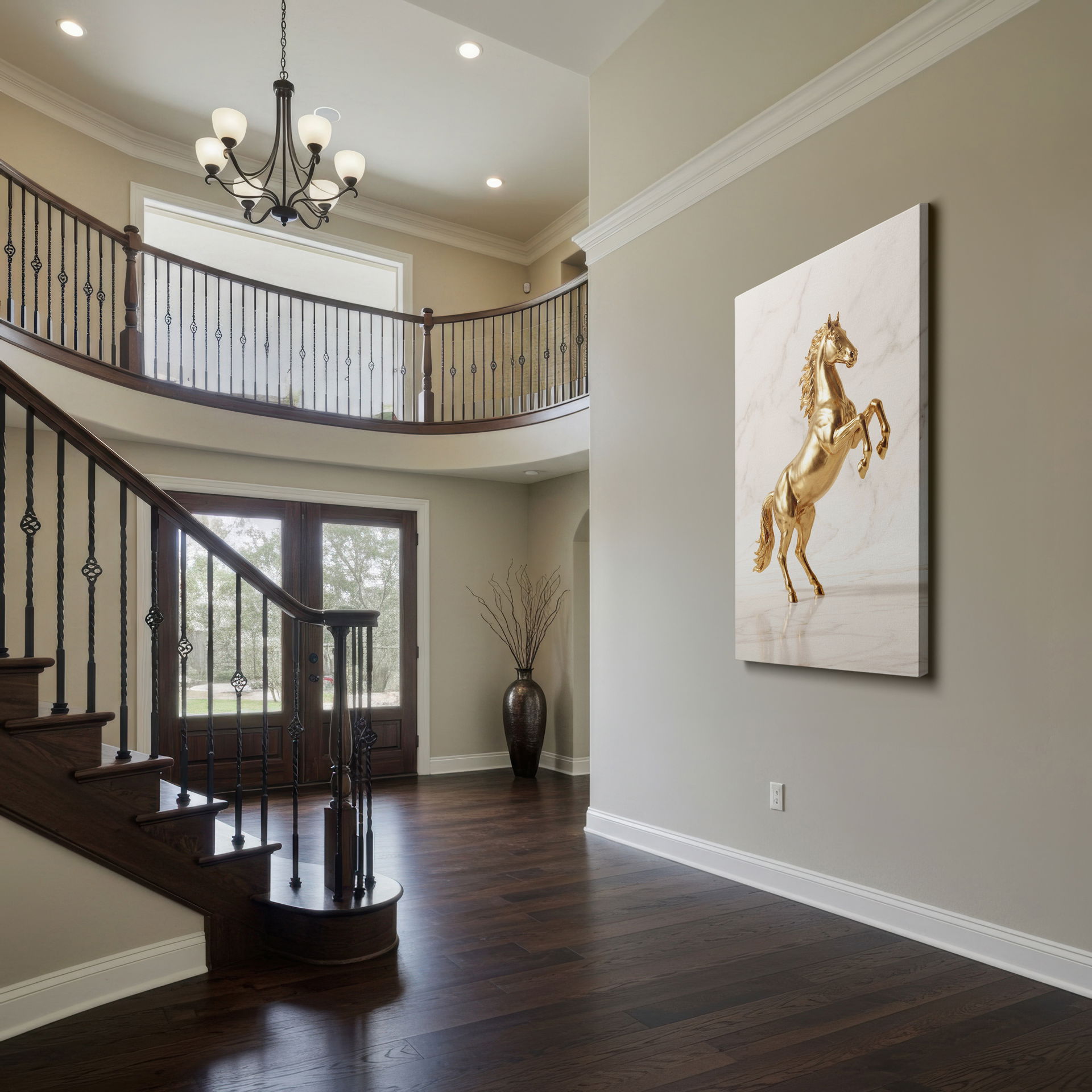 Refined equestrian golden horse wall art on canvas, adding sophistication and elegance to any room wall decor