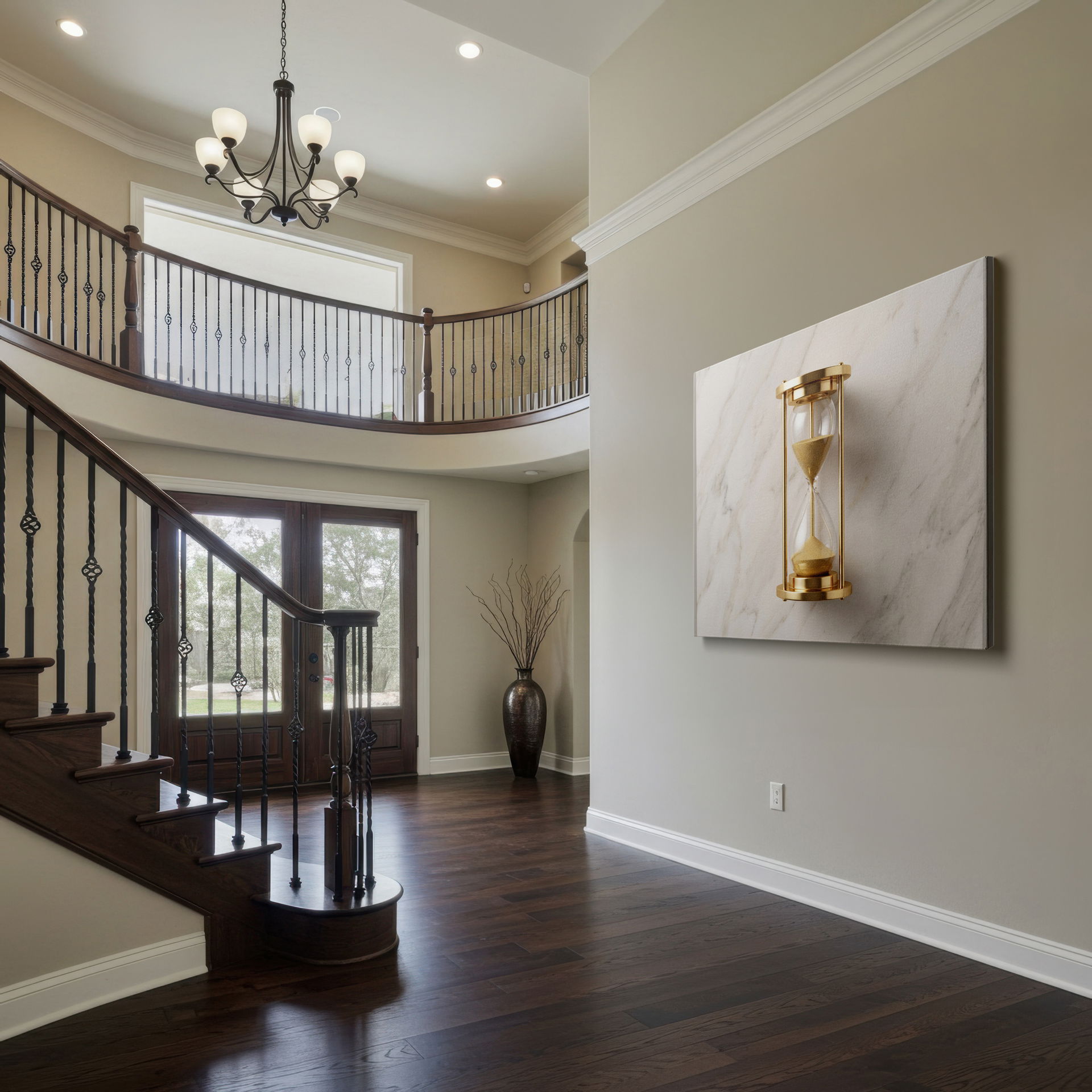 The sophisticated golden hourglass wall art as a luxurious focal point, adding warmth and elegance to modern home wall decor.