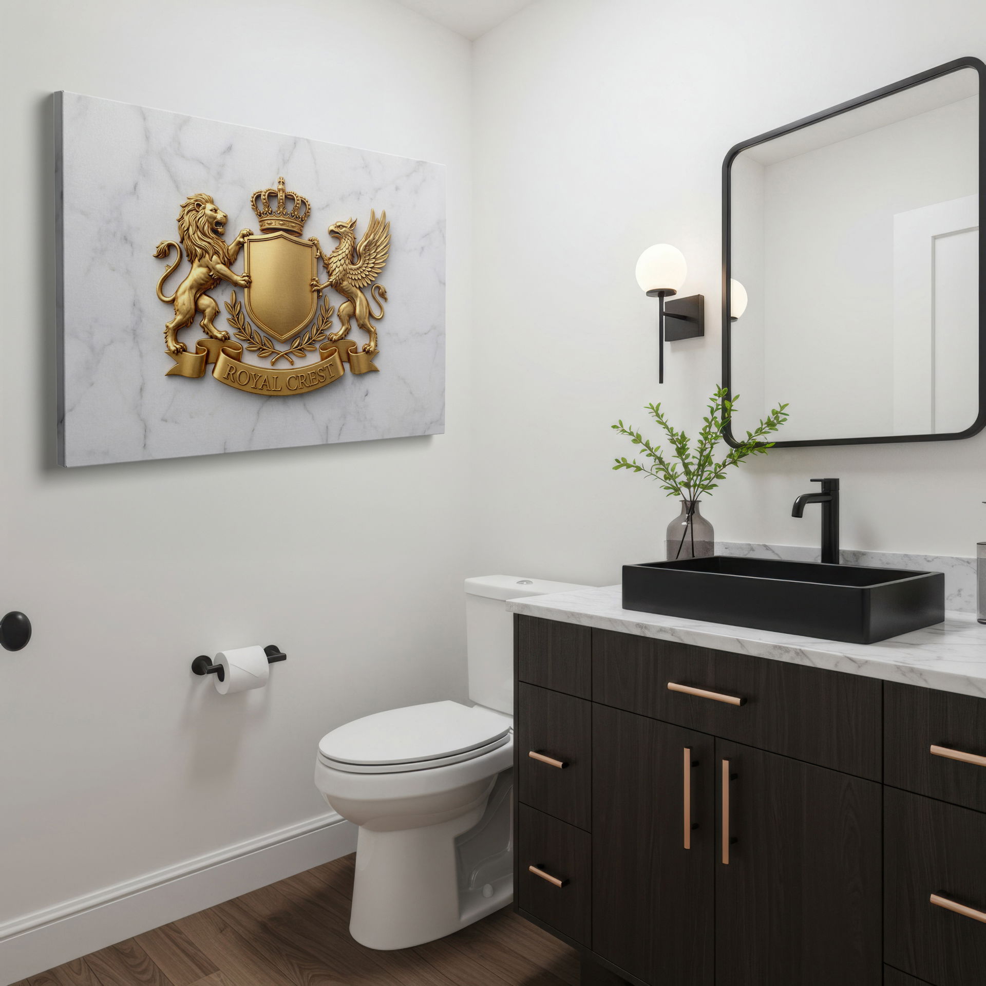 Magnificent golden royal crest wall art displayed in a luxurious living space, adding grandeur as wall decor.