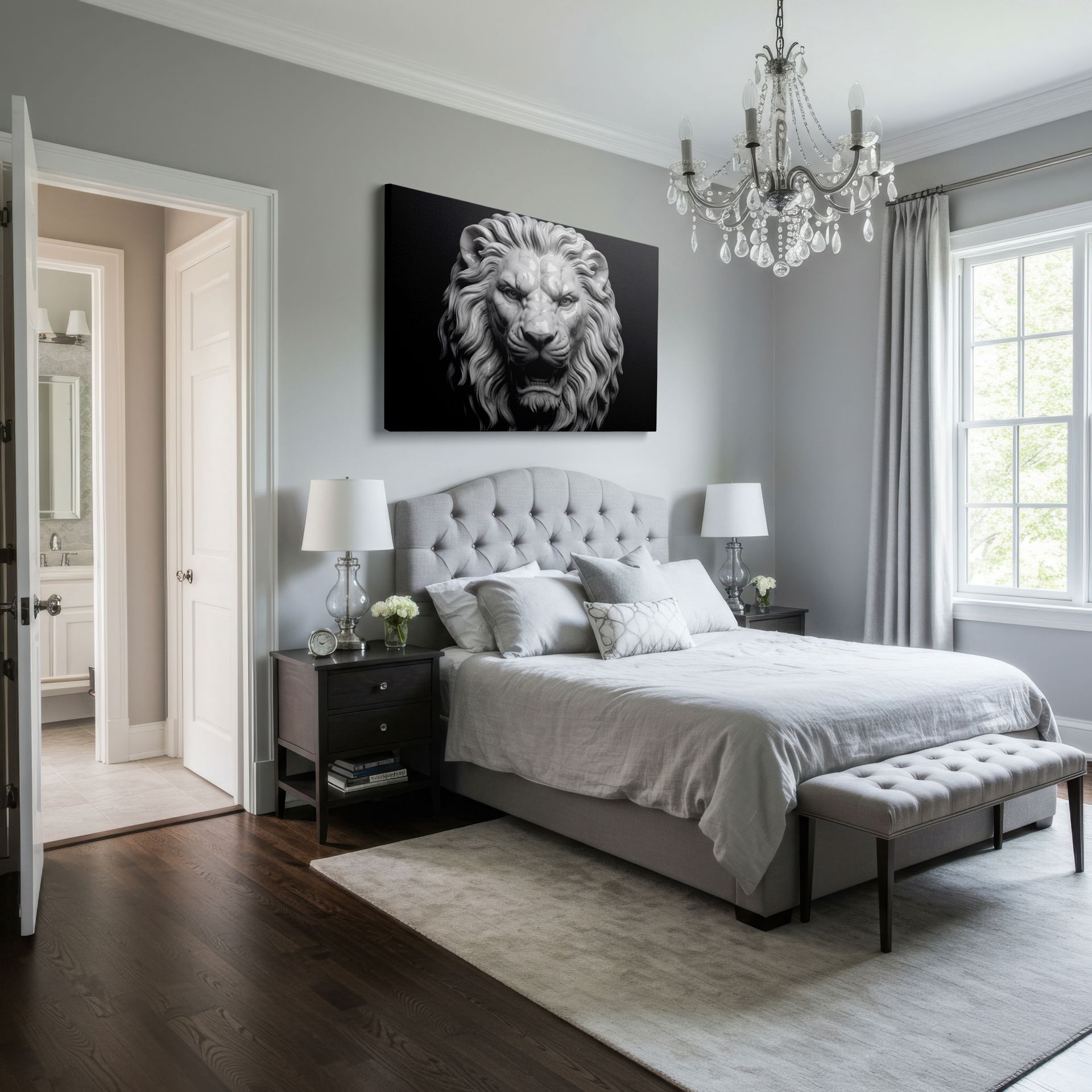 Full display of the elegant marble lion canvas print, adding a touch of timeless elegance as wall decor