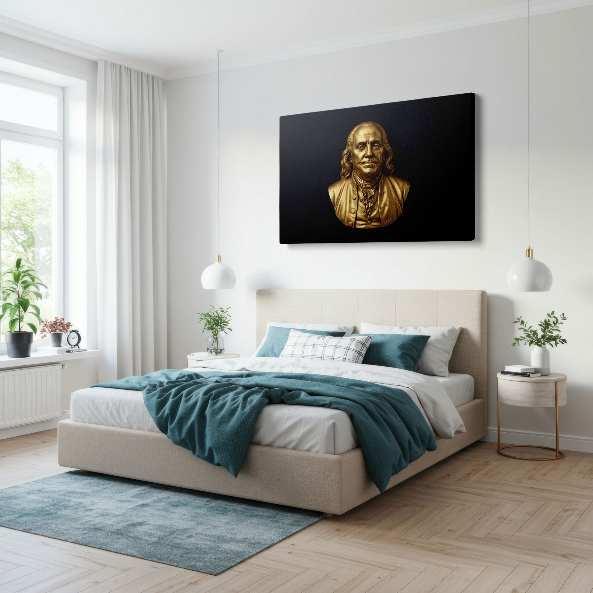 Exceptional canvas wall art showcasing the timeless design and intricate clarity of the golden Franklin bust on a Wrapped Canvas