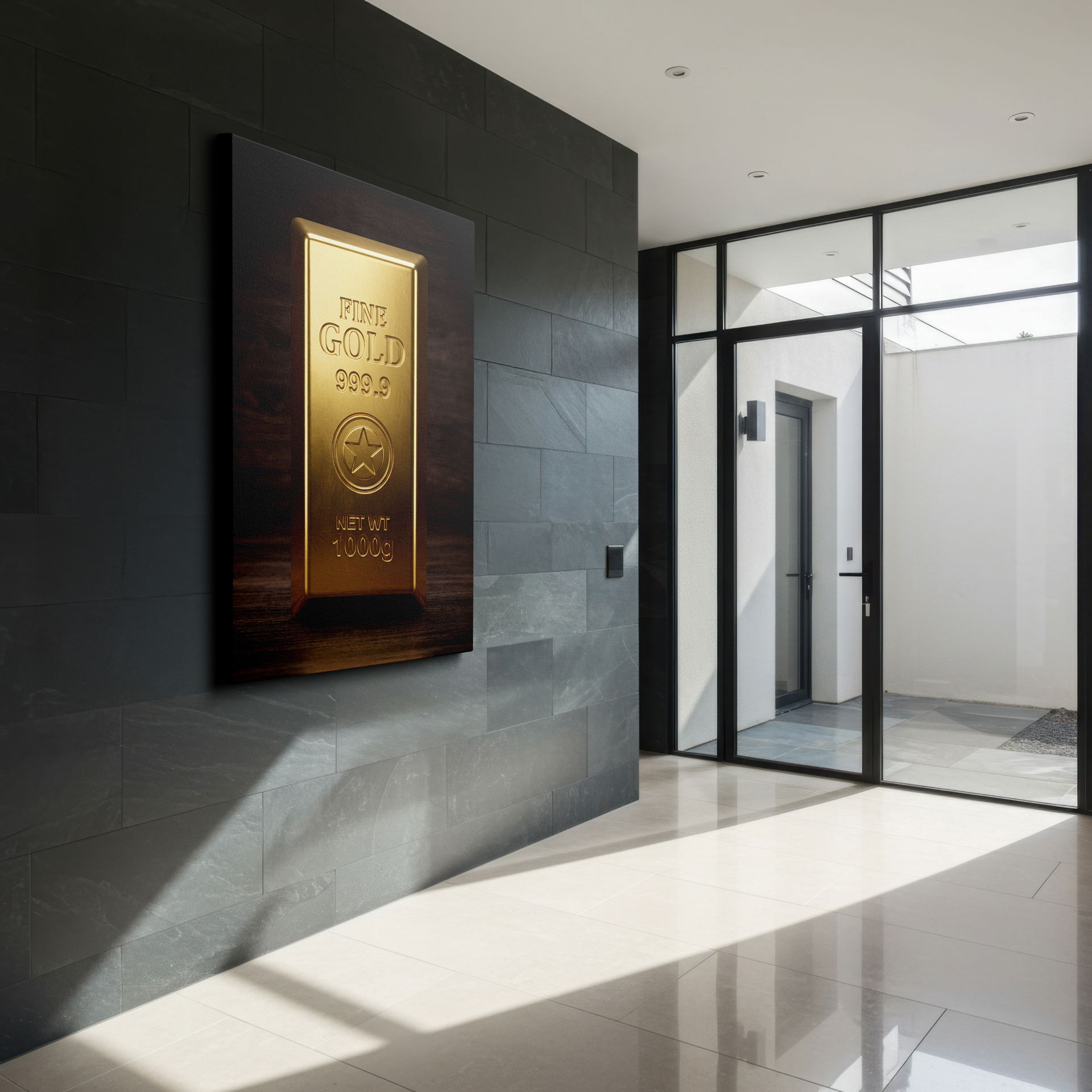 Gold bar canvas wall art displayed in a luxurious setting, enhancing the room's opulence and wall decor