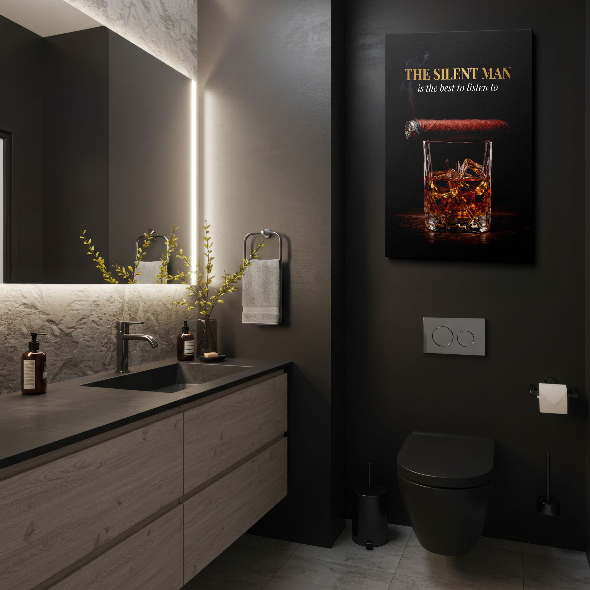 The "Silent Man" canvas print displays a cigar resting on a glass of whiskey, perfect as unique wall art